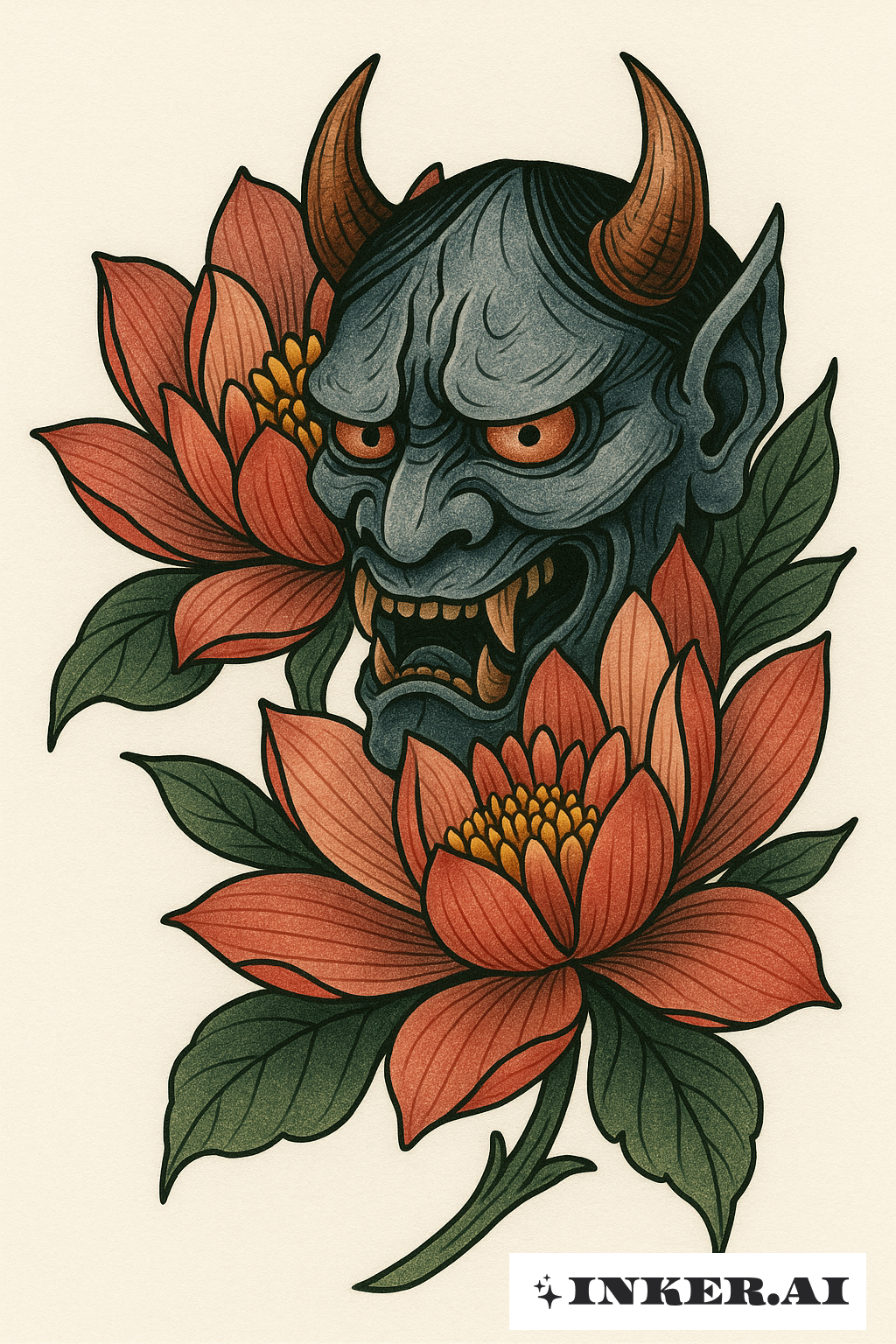 Oni Mask Peeking From A Water Lily