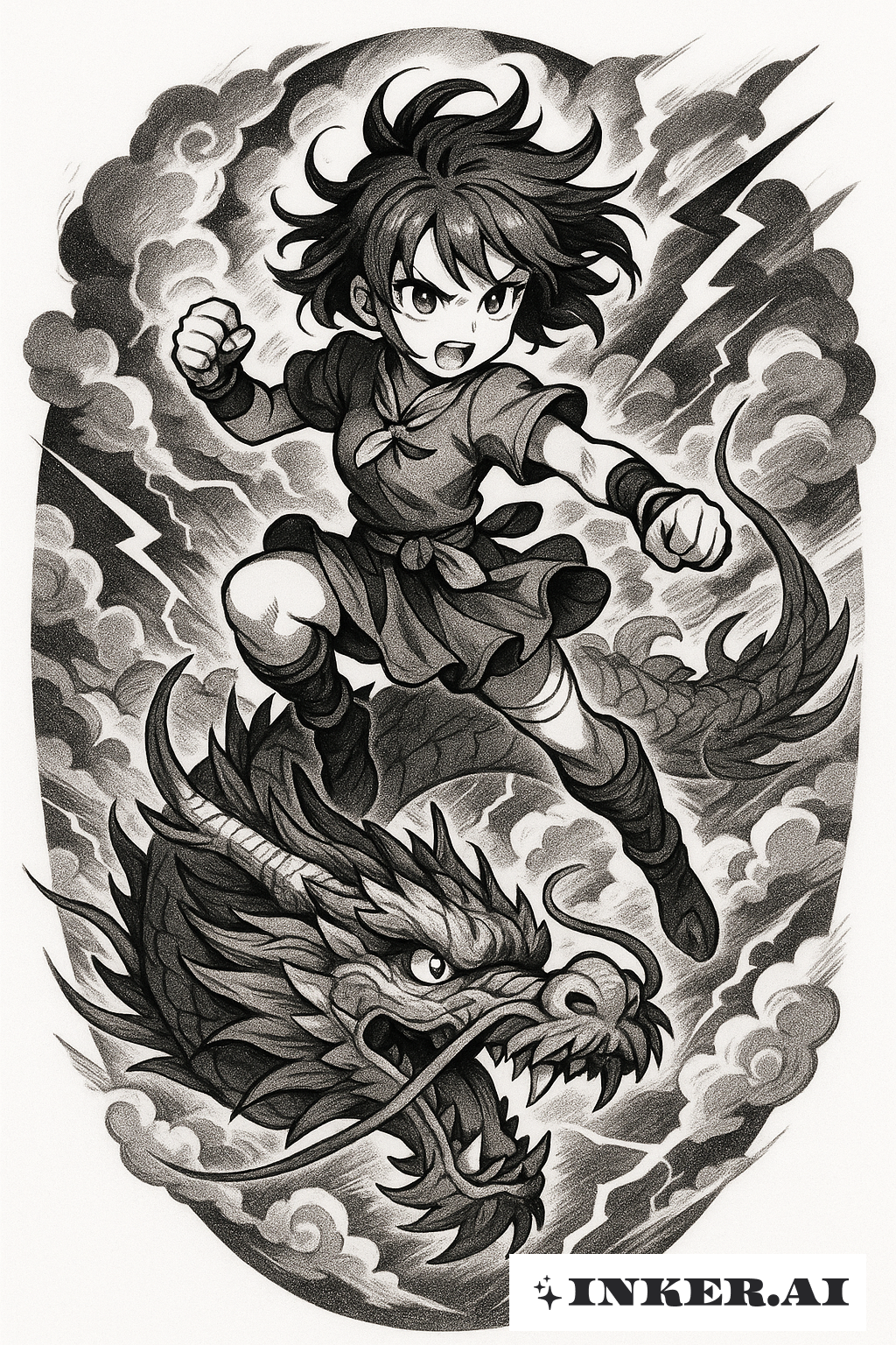 La fille avec le dragon dans un combat dynamique dans le ciel