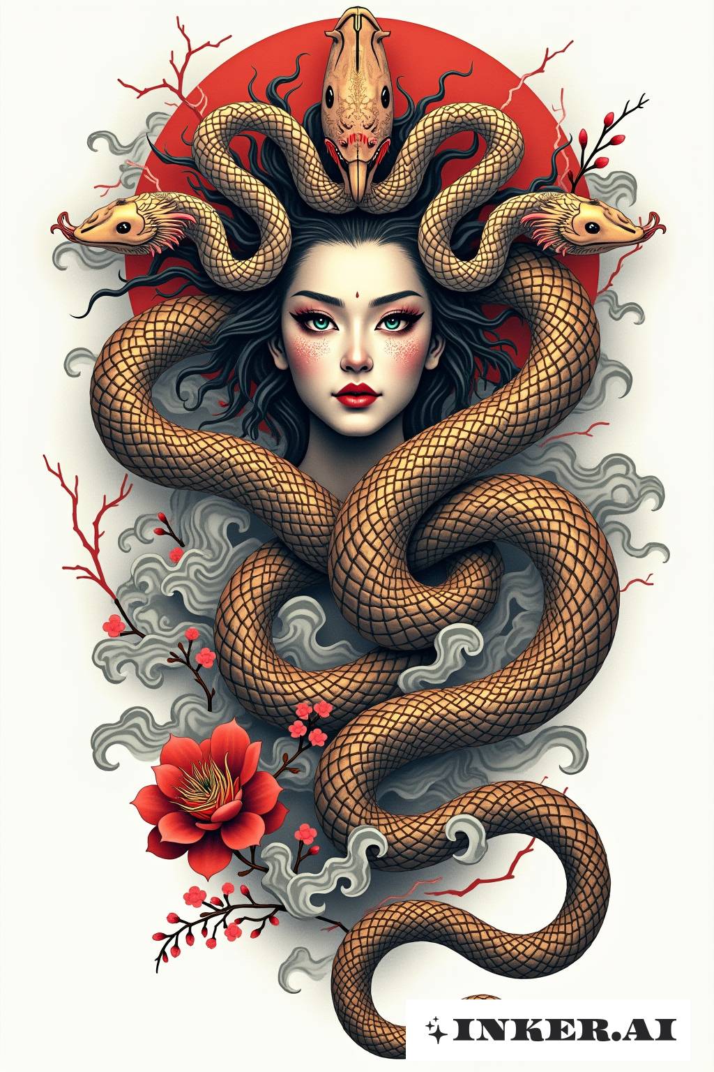 Một hình xăm Medusa với bìa chech tỏa sáng, có hình Medusa tóc rắn và các hoa văn trang trí.