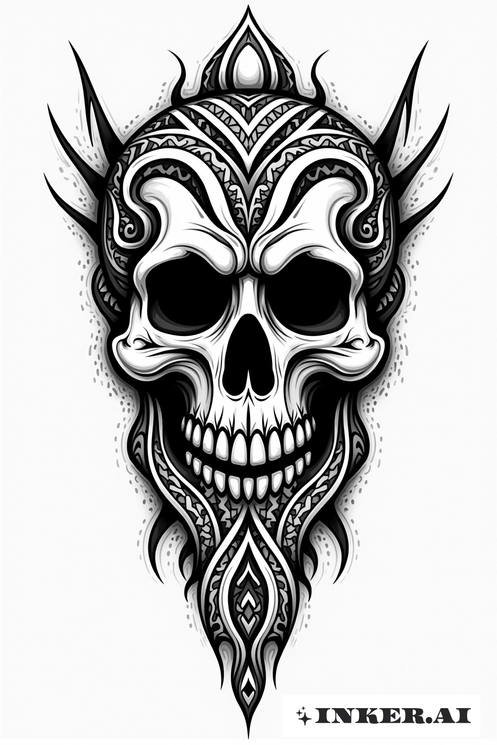An intricate skull design surrounded by bold and swirling tribal patterns, showcasing a blend of detailed line work and solid shapes.