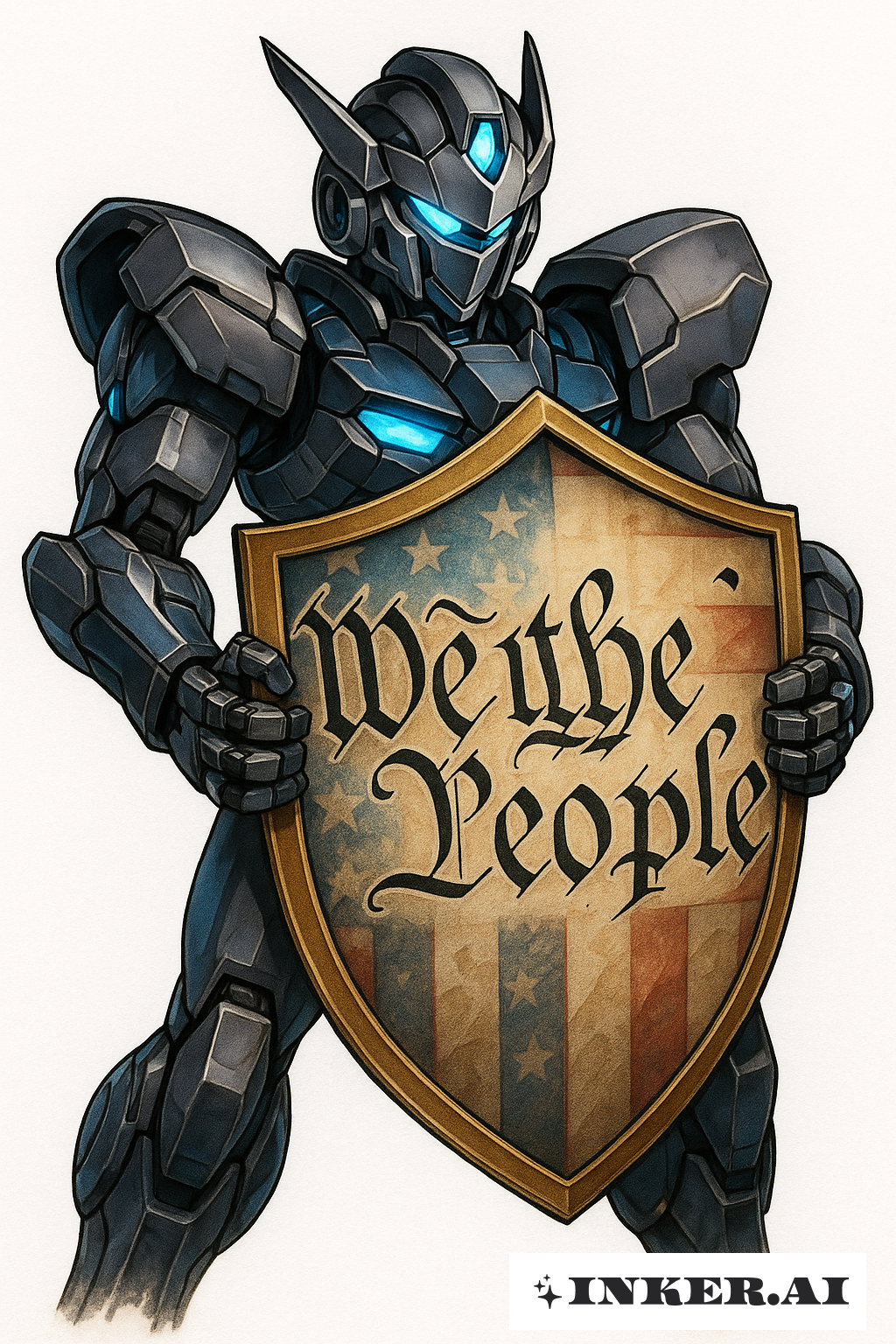 A Mecha Holds A We The People Shield