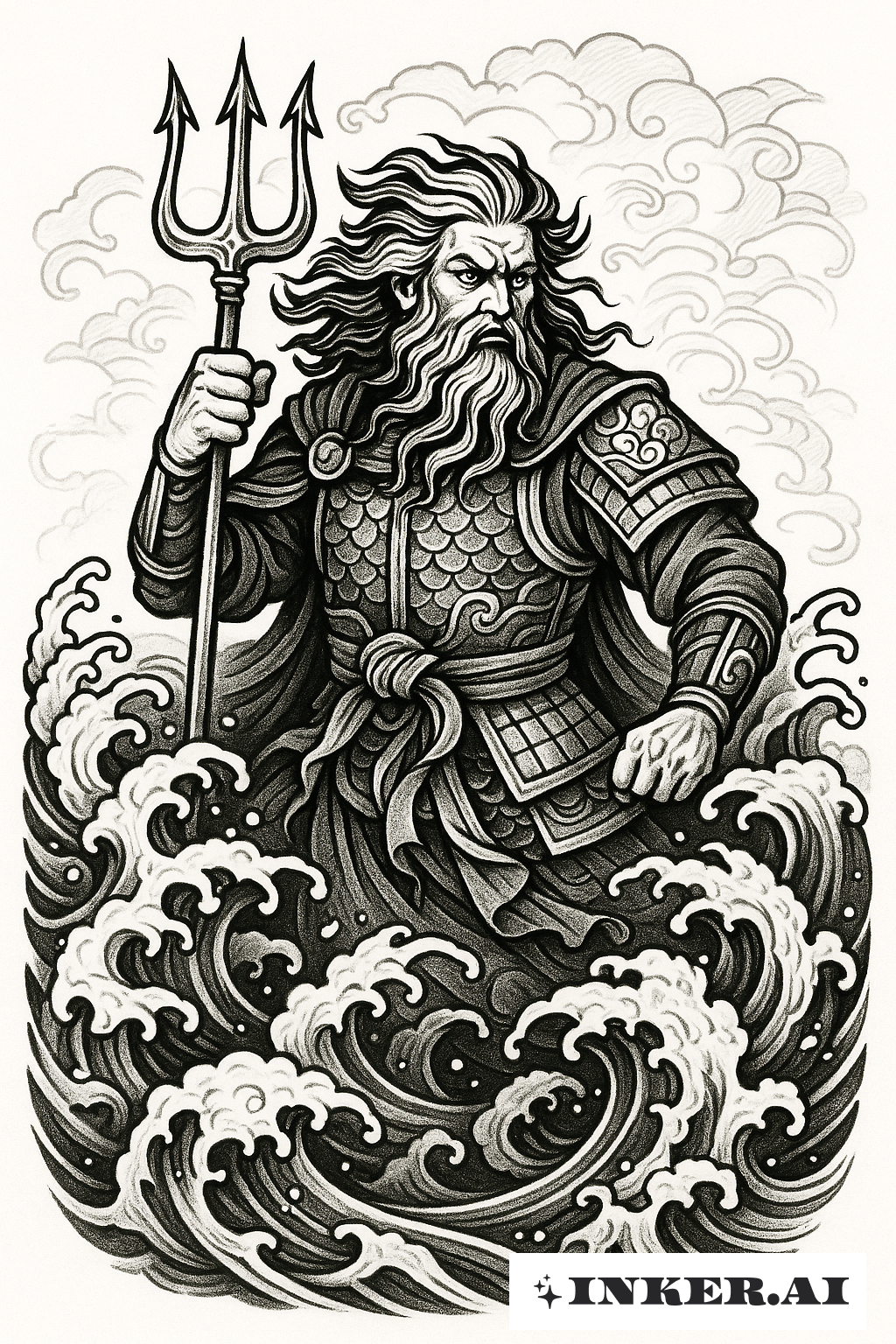 Poseidon Surrounded By Japanese Hokusai Waves