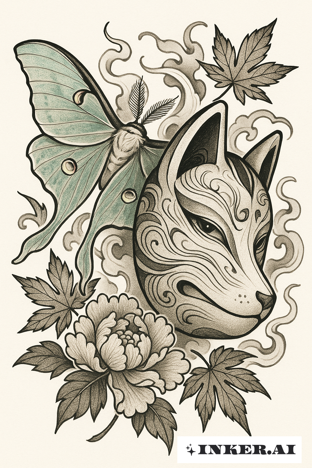 Die Kitsune-Maske mit Luna-Motte