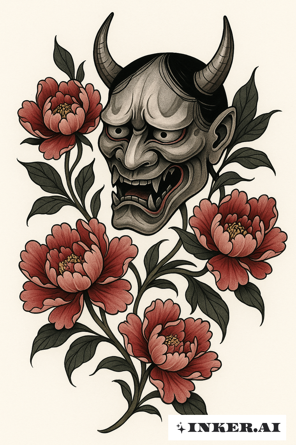 Máscara Hannya com Peônias na Coxa