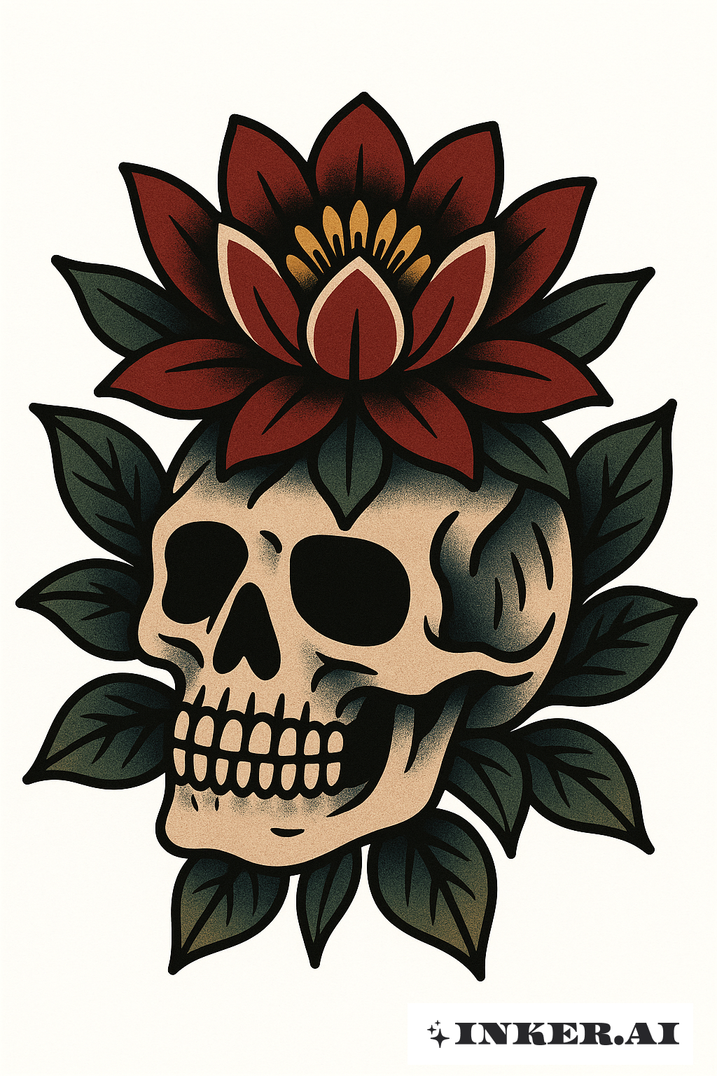 American Traditional Water Lily And A Skull