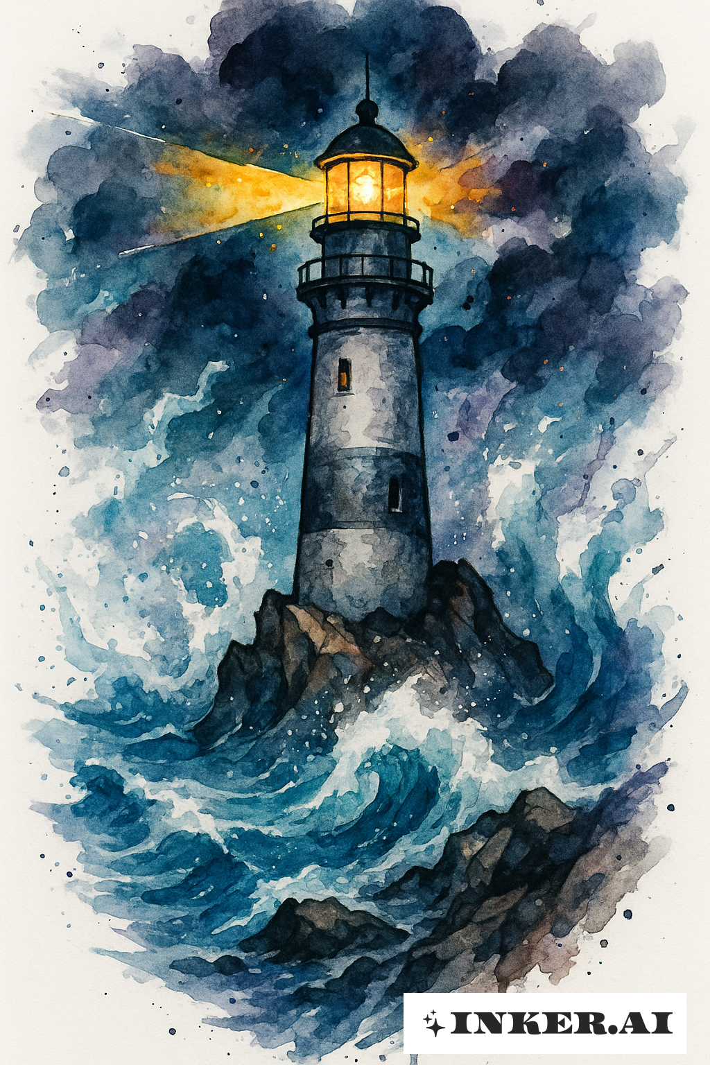 Stormy Watercolor Wash Lighthouse
