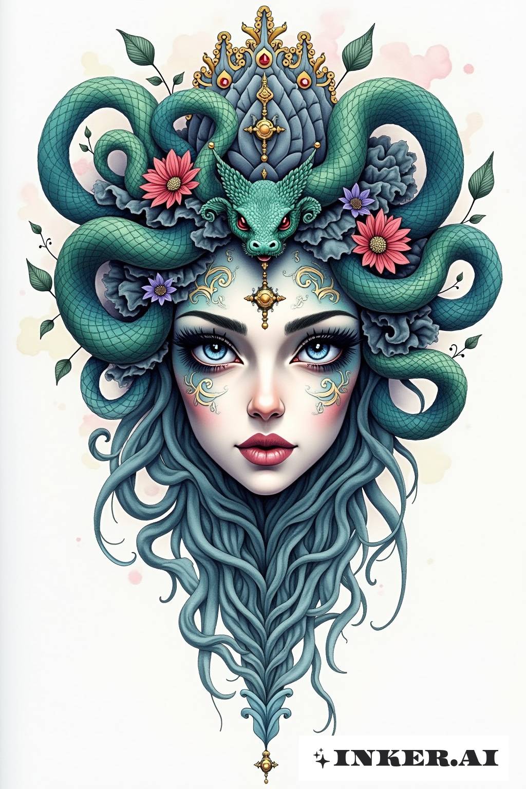 Una vívida representación en acuarela de Medusa, combinando elementos clásicos con el arte moderno del tatuaje. El retrato presenta su icónico cabello infundido con serpientes, que se despliega con un patrón similar al encaje, sobre un fondo abstracto.