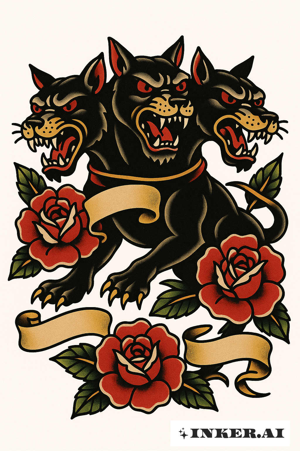 Cerbère de l'Ancienne École avec Roses et Bannières