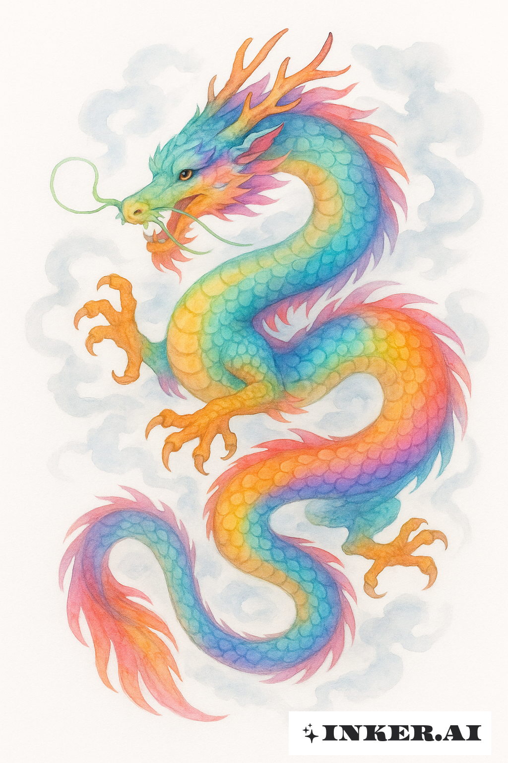 彩虹色霧中日式龍