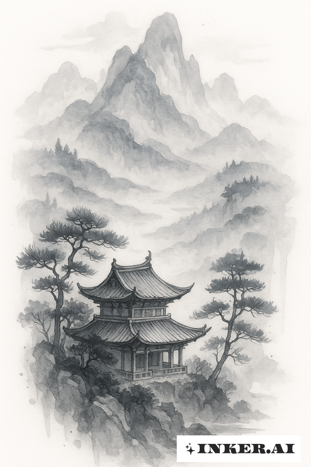 水墨画中国山岳寺院