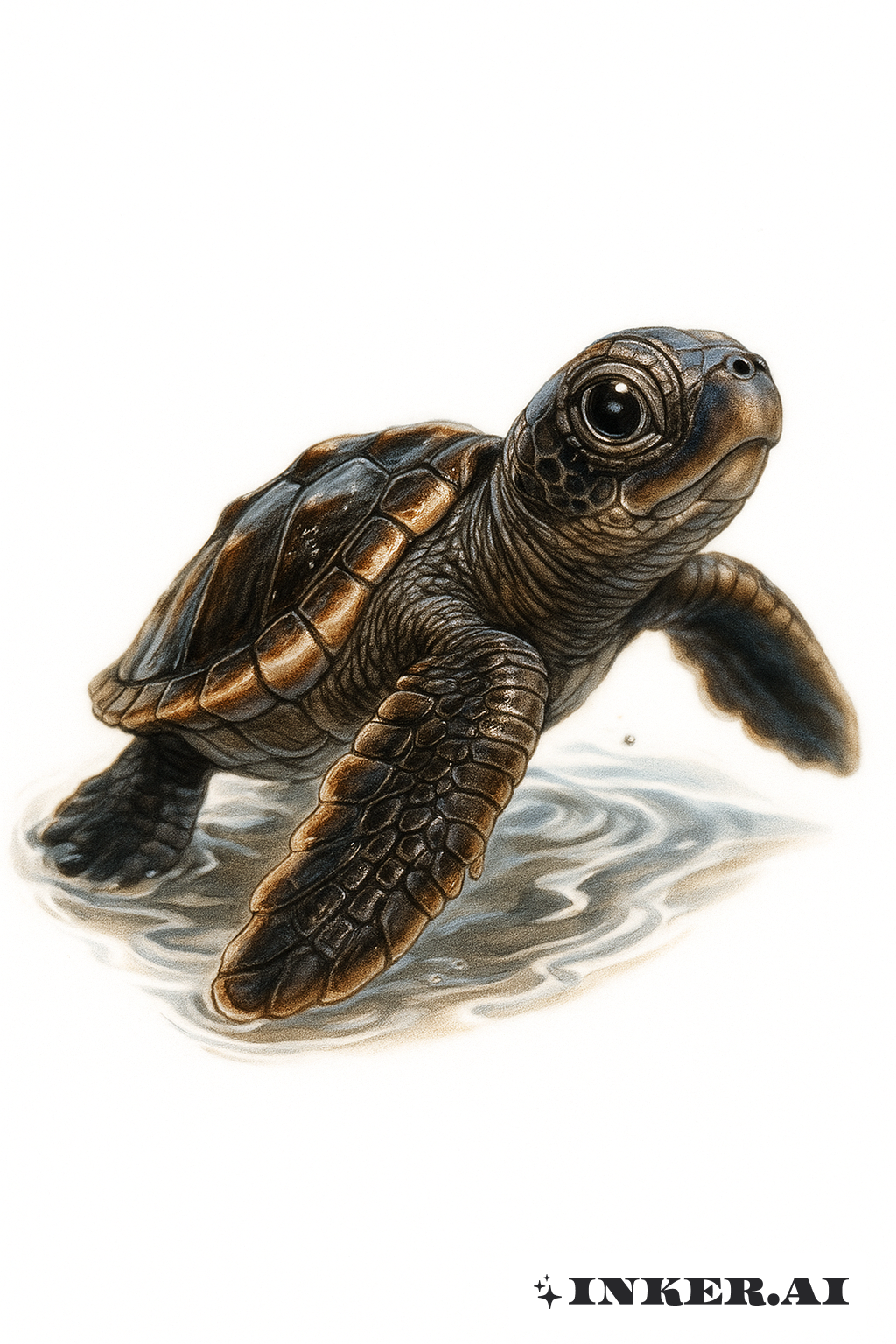 Première nage photoréaliste de bébé tortue de mer