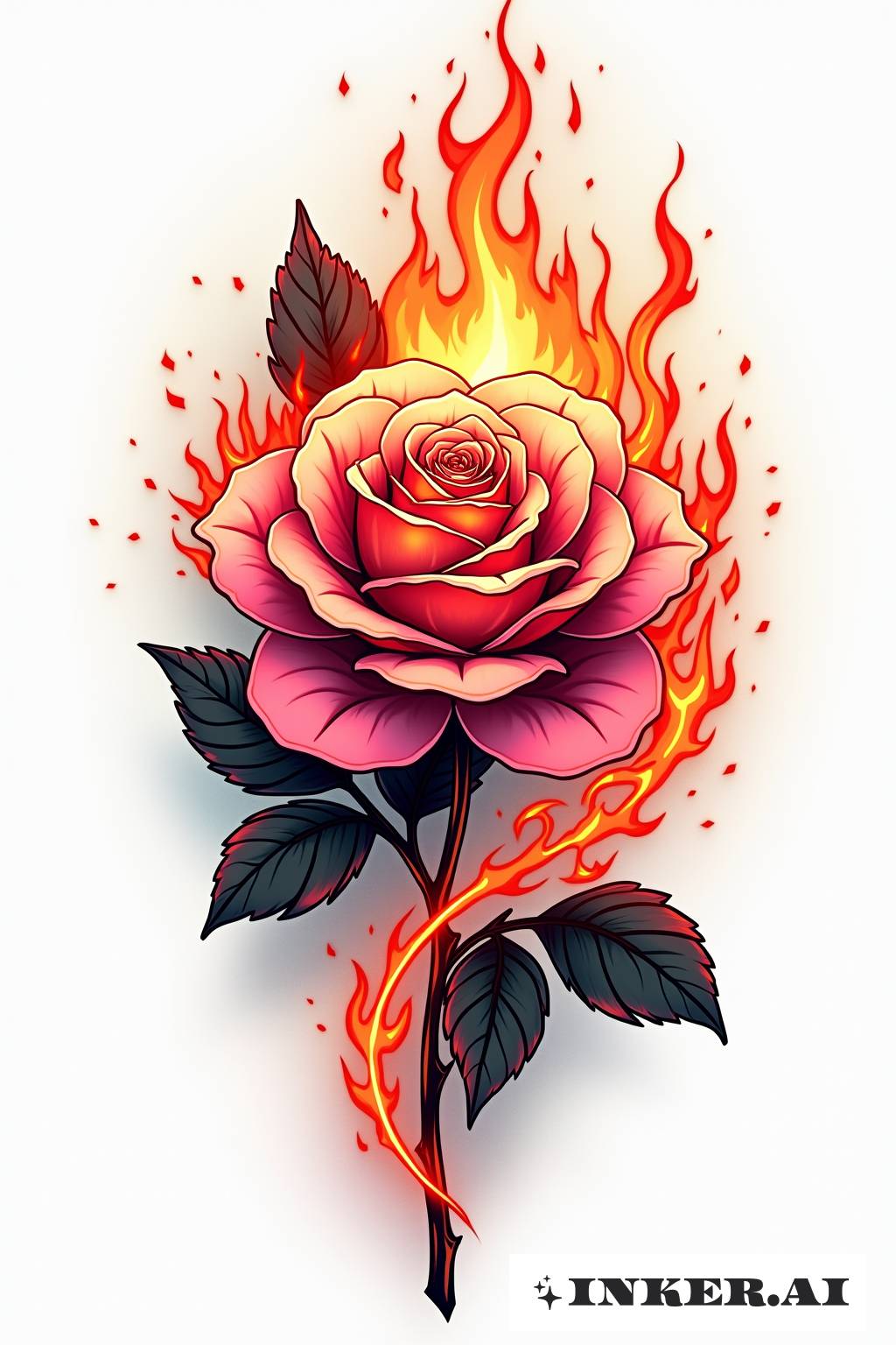 Um tatuagem que combina fogo alaranjado - vermelho e rosas rosadas com uma estética única, semelhante a anime.