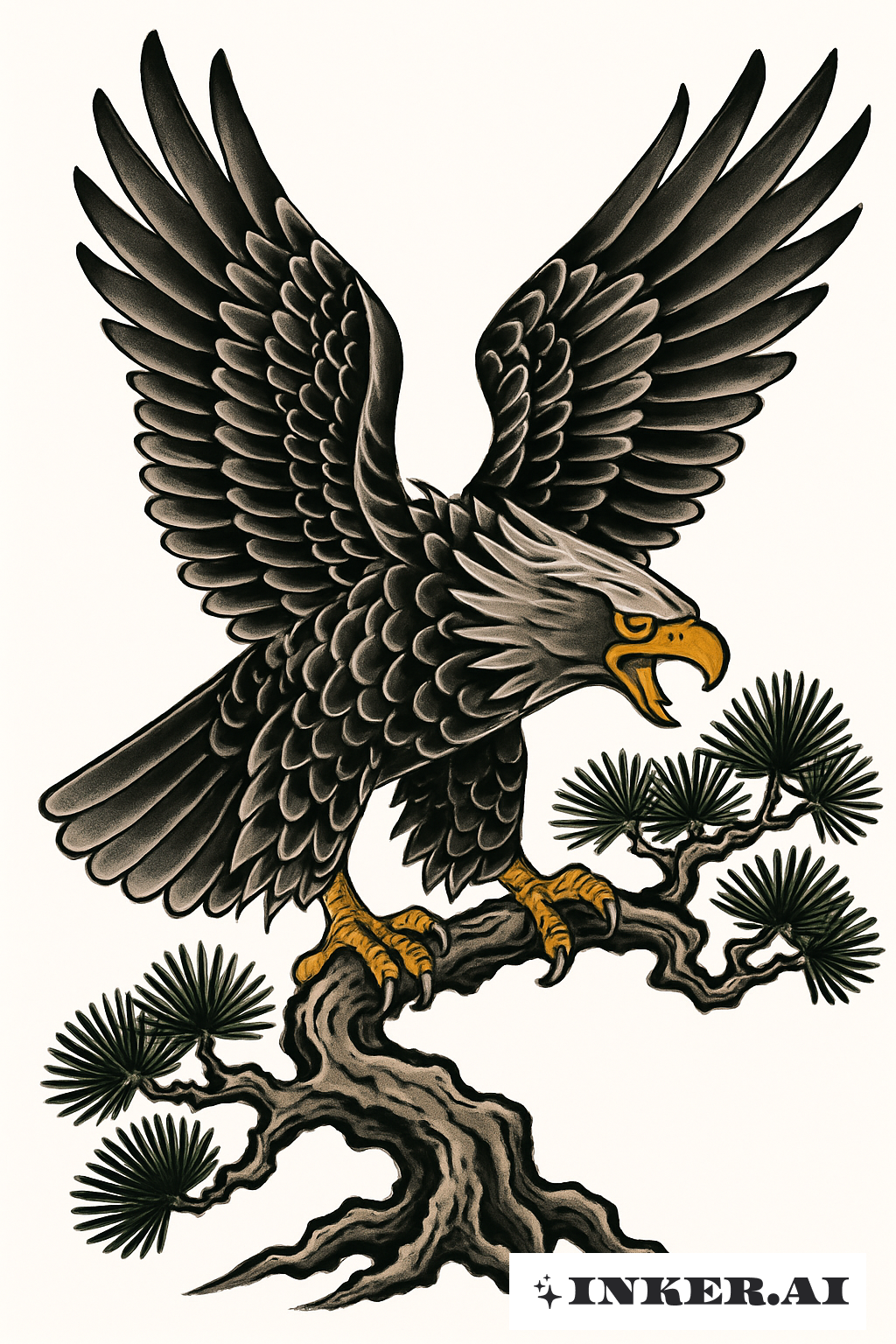 Águia Feroz em um Galho de Pinheiro Retorcido