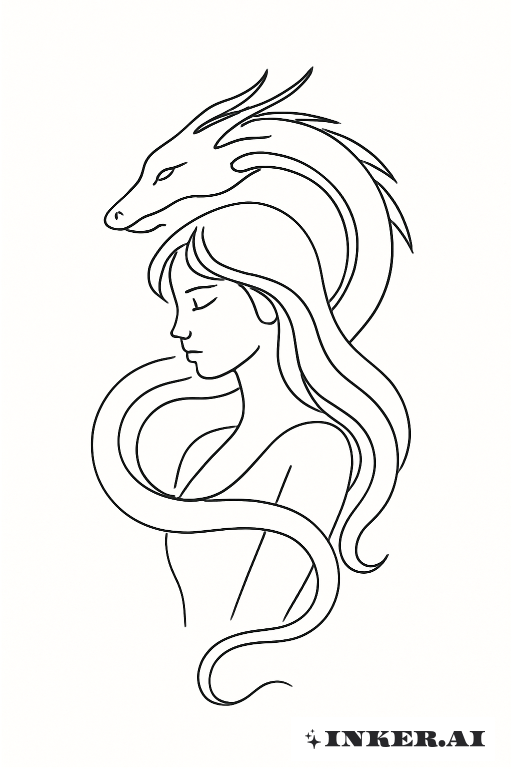 La Fille avec le Dragon En Une Seule Ligne Continue