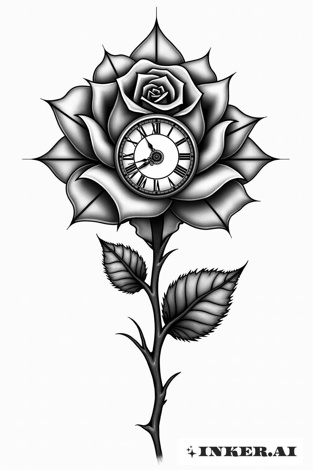 Un tatouage d'une horloge intégrée dans une rose, avec des motifs géométriques et une palette de couleurs noir et rouge.