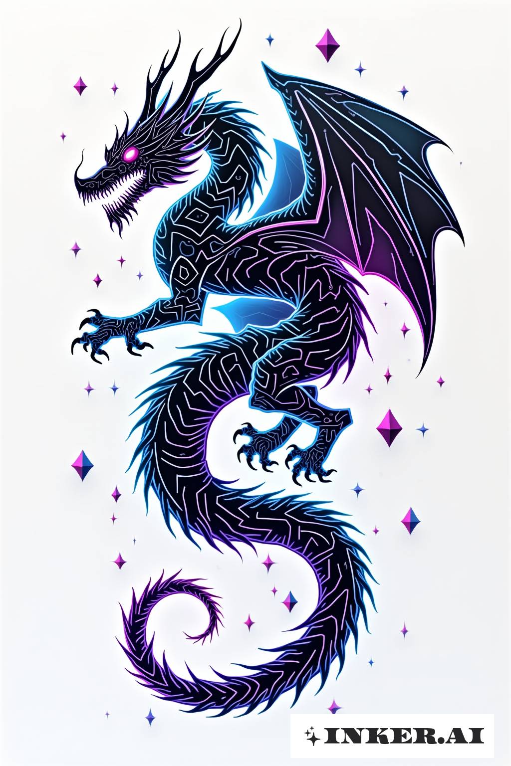 A vibrant geometric design featuring a neon-colored dragon intertwined with circuit board patterns, symbolizing a blend of technology and ancient mythology.