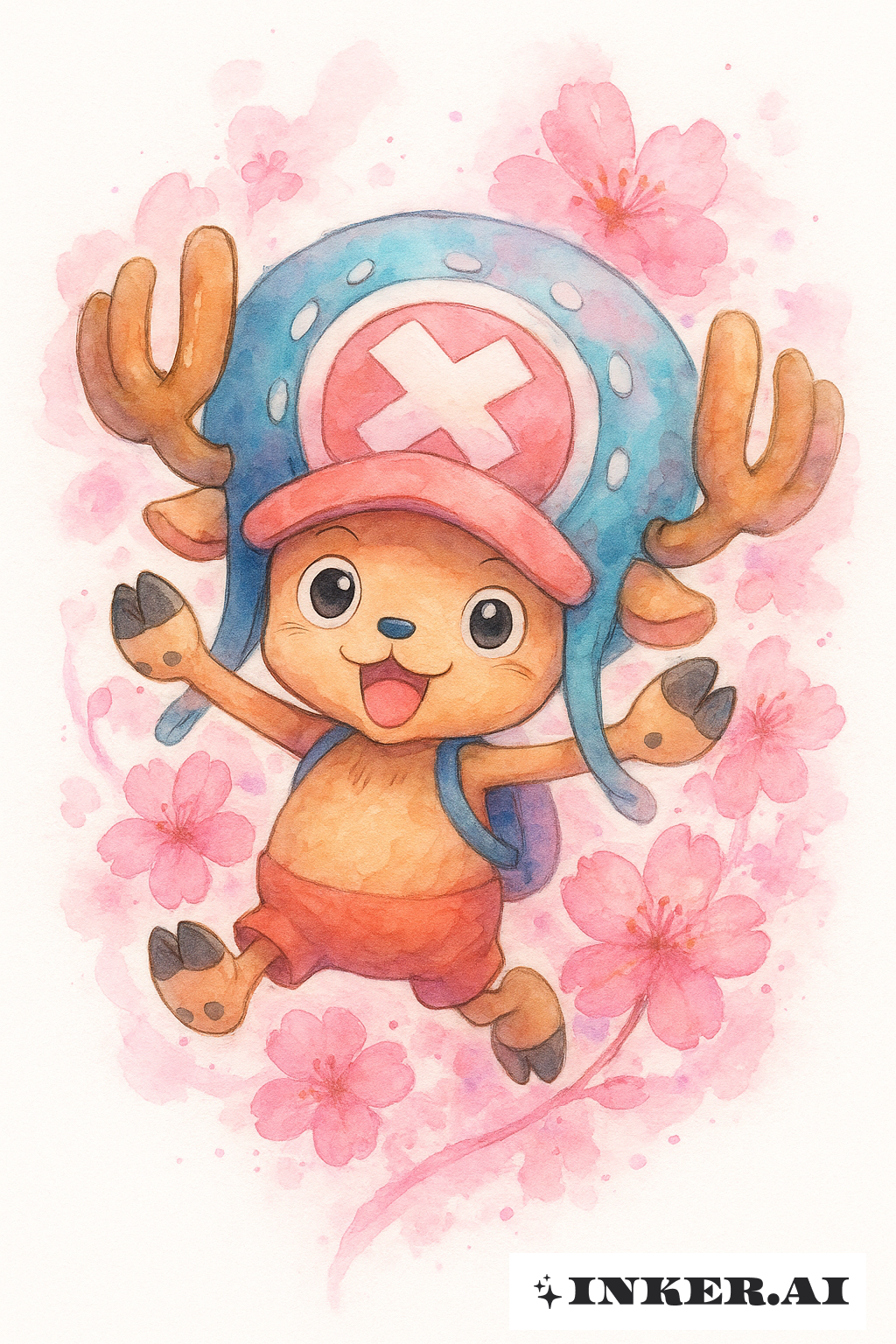 チョッパーとピンクのワンピース水彩の花々