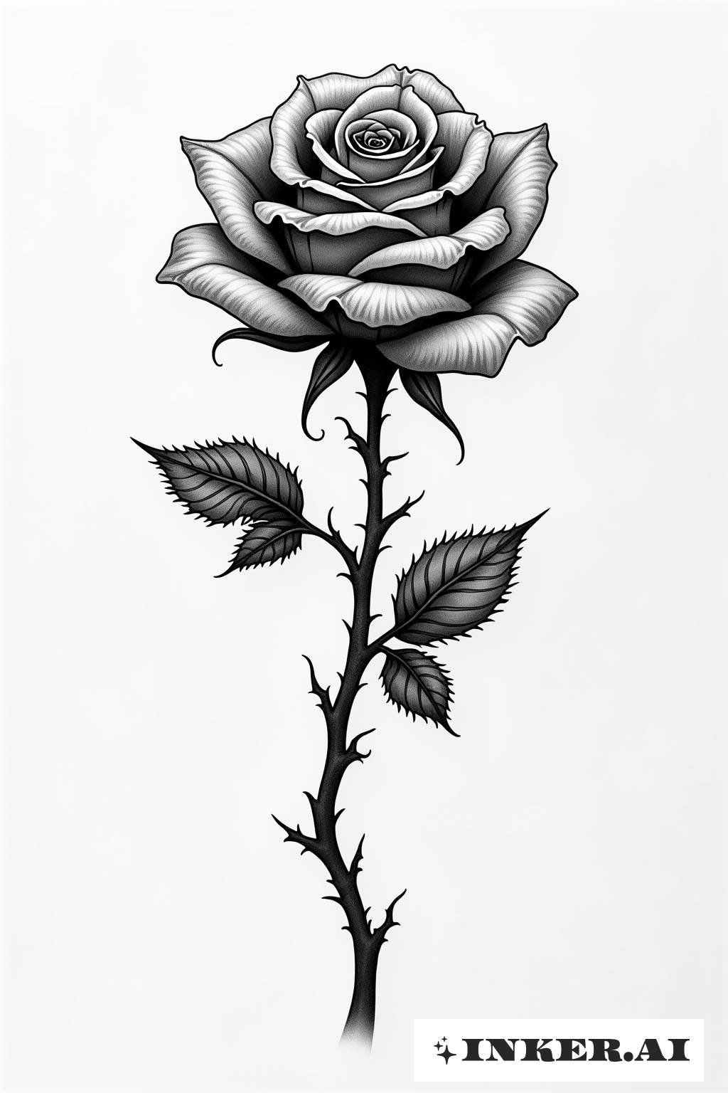 Un retrato en negro y gris de una mujer con una gran rosa al lado de su rostro en líneas finas.