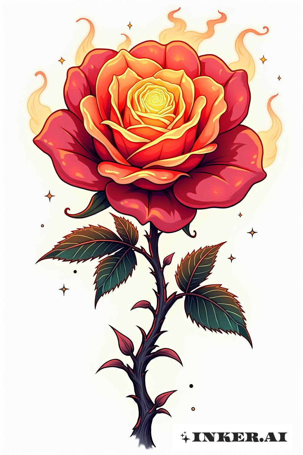 A detailed tattoo of a rose with its petals entwined in flames, showcasing vivid colors and intricate line work that captures a sense of dynamic movement and passion.