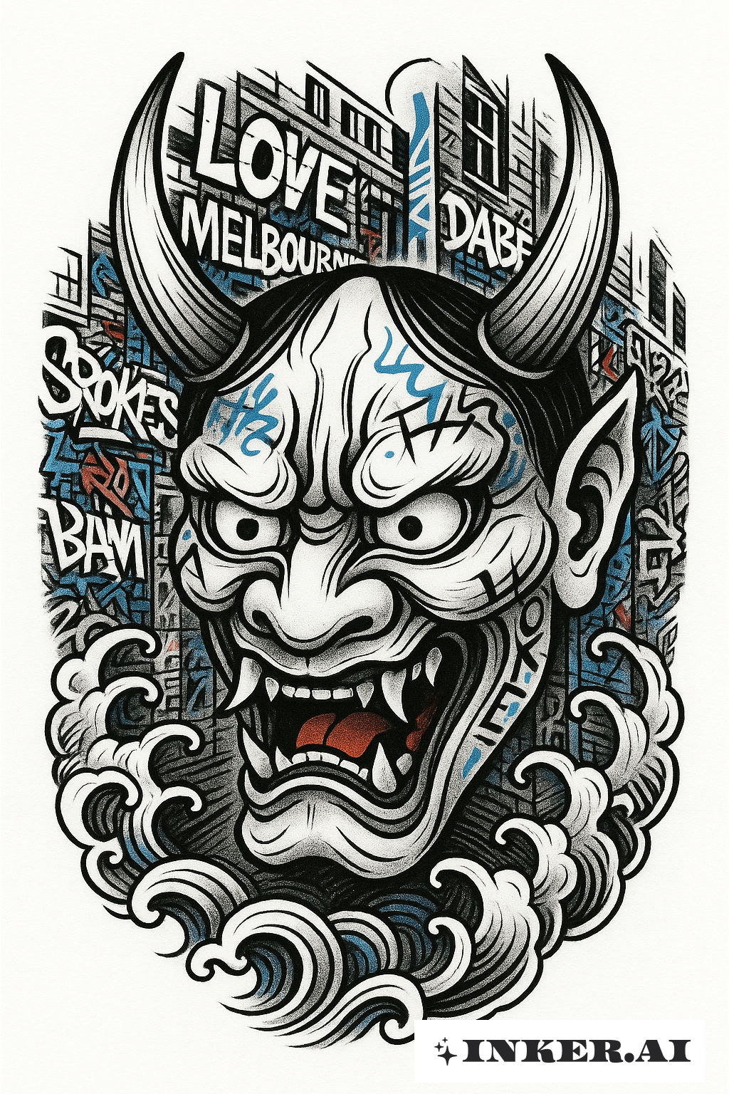 Mặt nạ Oni trên tranh graffiti đường hẻm của thành phố Melbourne
