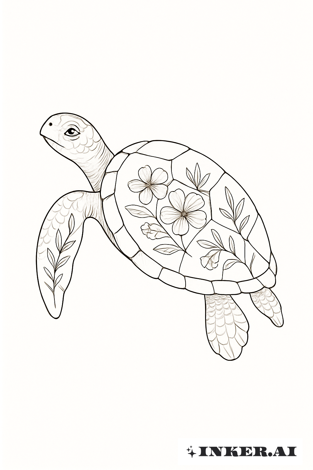 Tortue de Mer Fine Line avec Accents Floraux