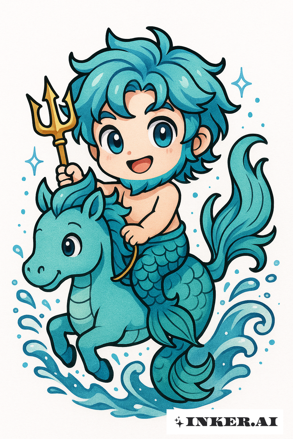 Chibi Poseidon Riding A Friendly Hippocampus