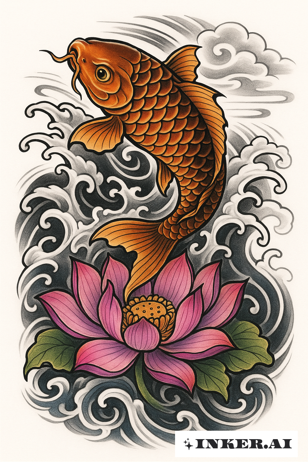 Koi Fish Leaping Over a Lotus Flower
