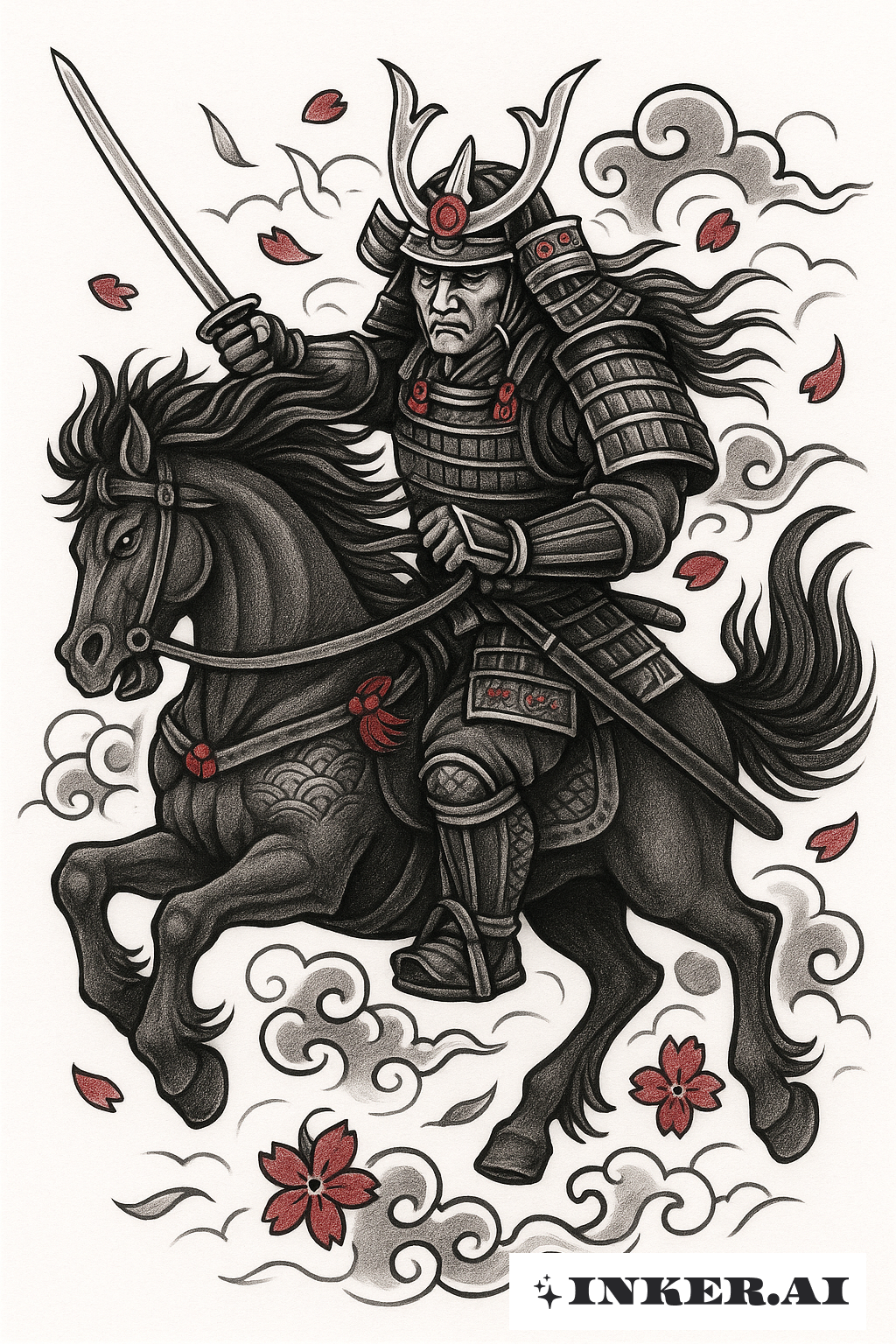 Guerrier Samouraï Sur Un Cheval Sombre