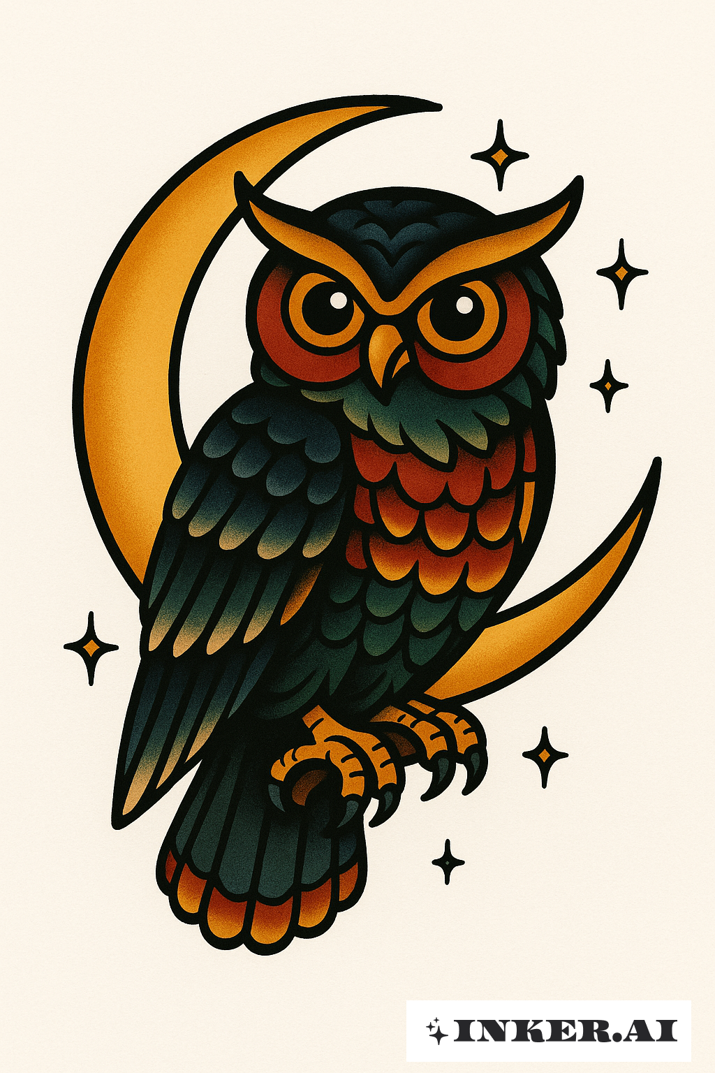 Old School Owl On A Crescent Moon