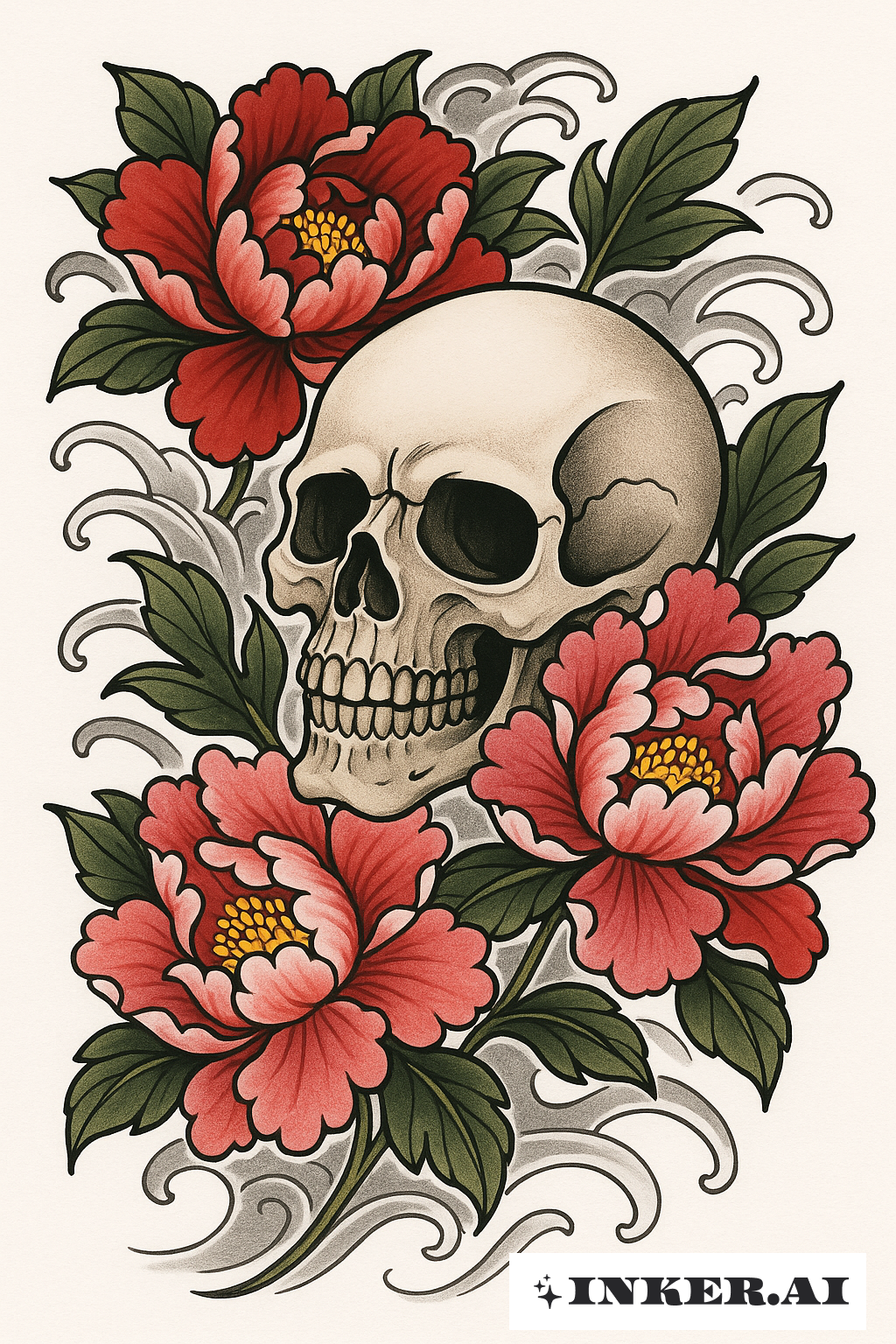 Totenkopf zwischen Pfingstrosen Memento Mori