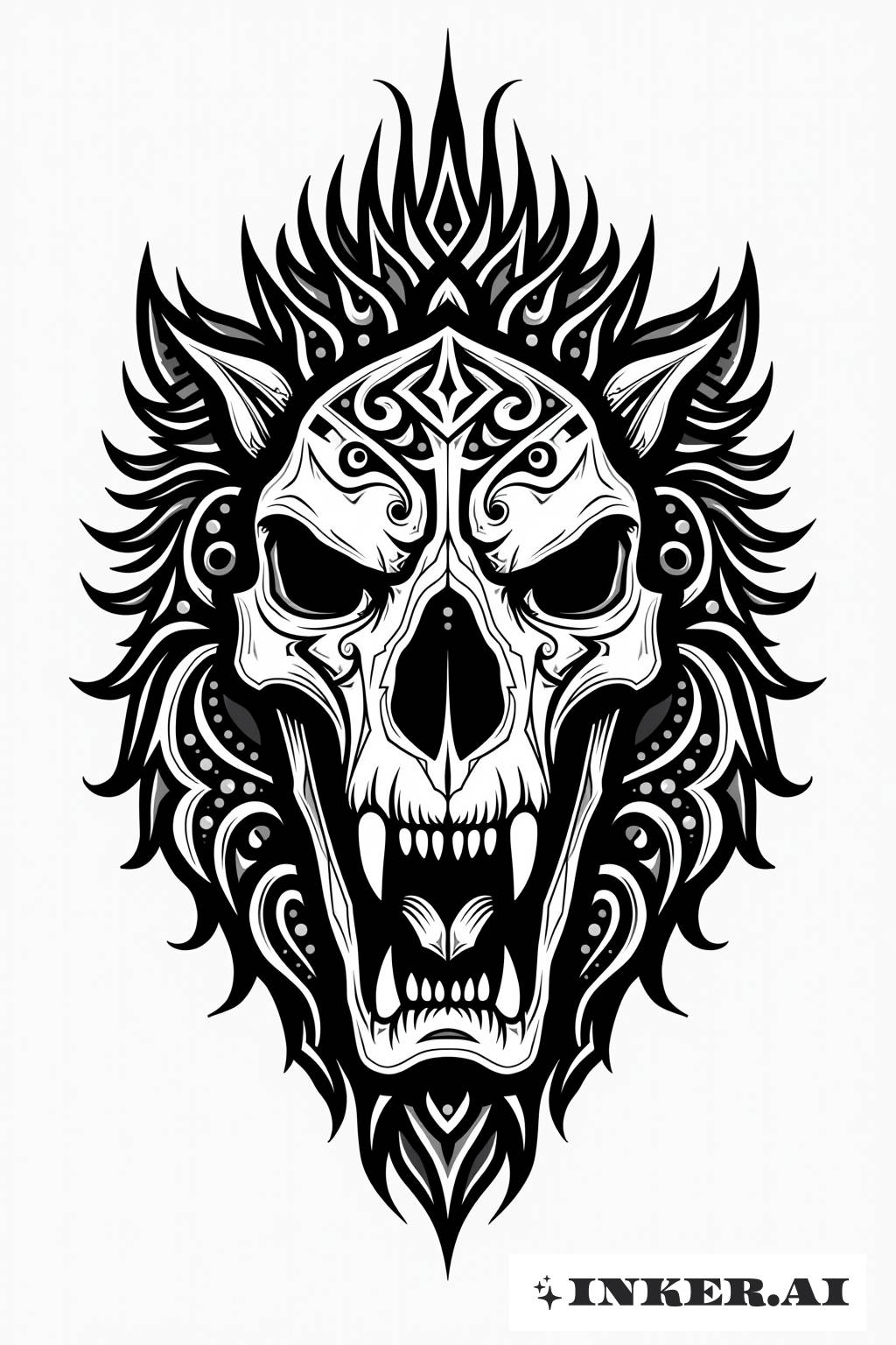 Una calavera de león rugiente diseñada intrincadamente con patrones tribales, mostrando fuerza y herencia en una expresión artística en blanco y negro.