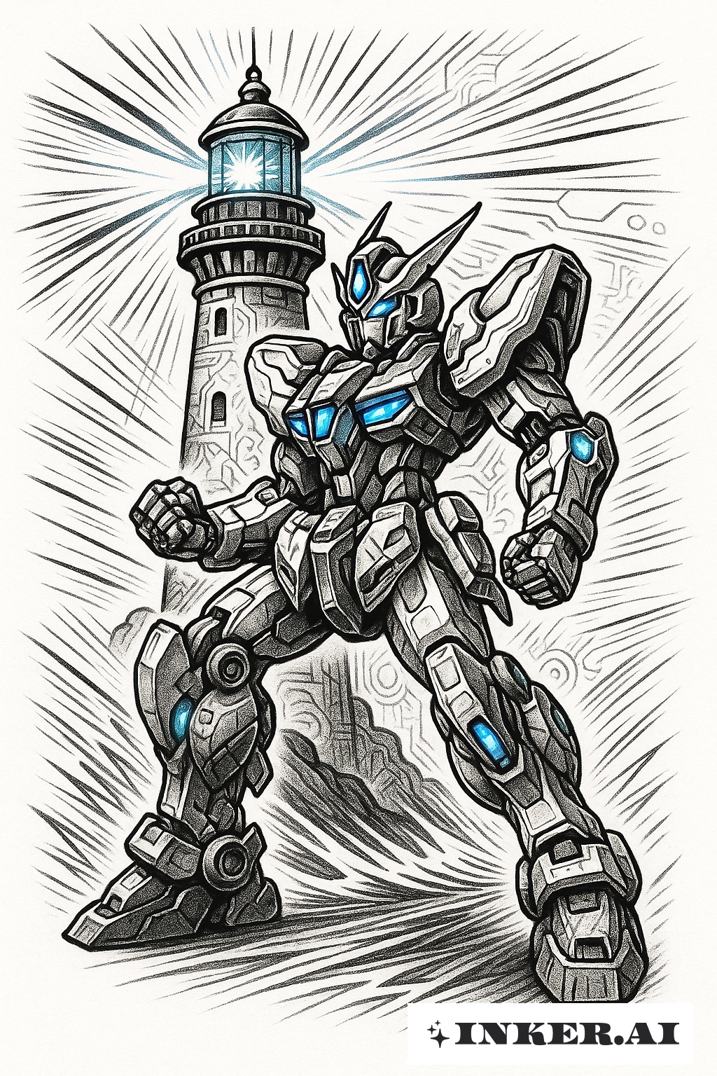 Mecha vigilando un faro de ciencia ficción