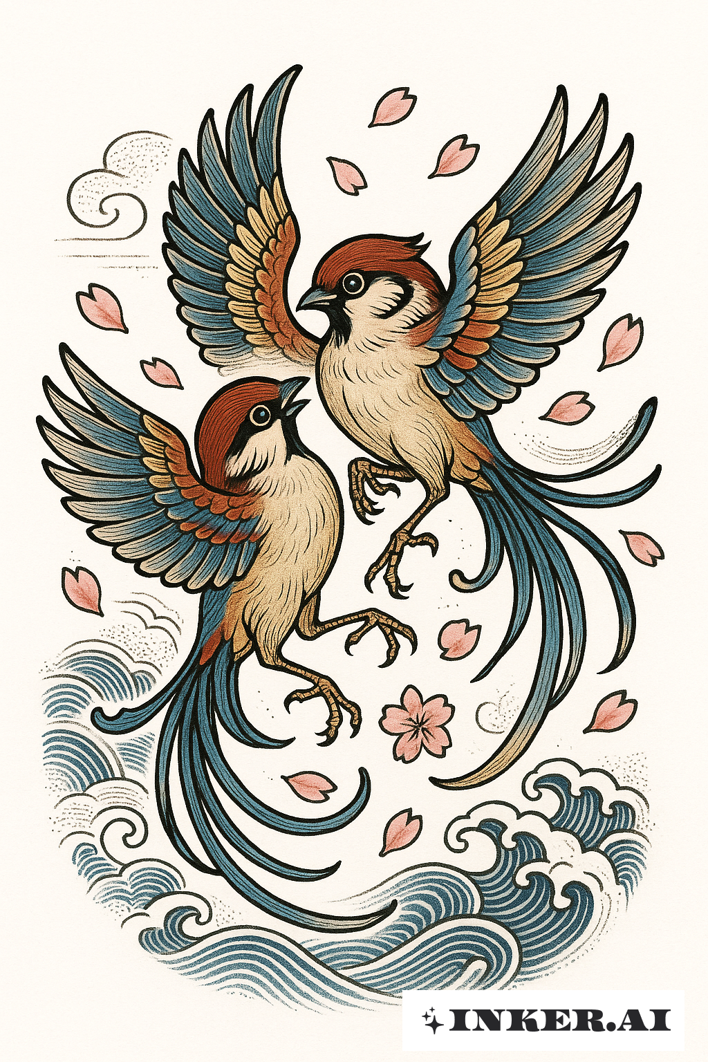 Dancing Twin Sparrows In Ukiyo-e Style
