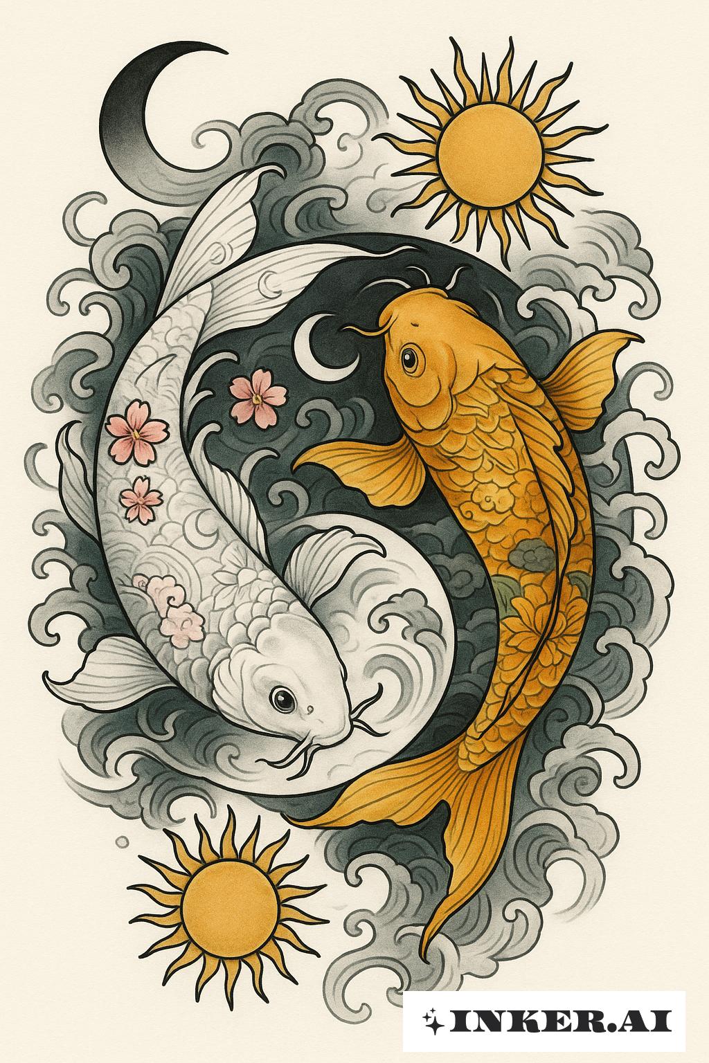 Cá Chép Âm Dương Với Mặt Trời Và Mặt Trăng