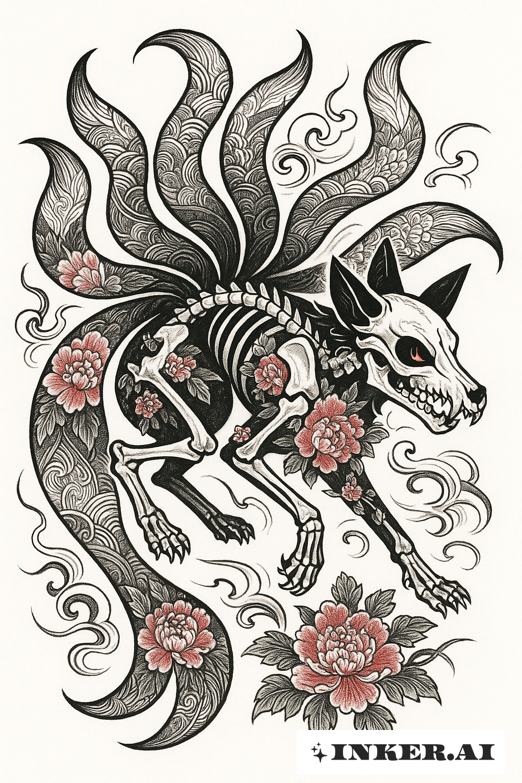 Kitsune Fox Skeleton with Nine Tails