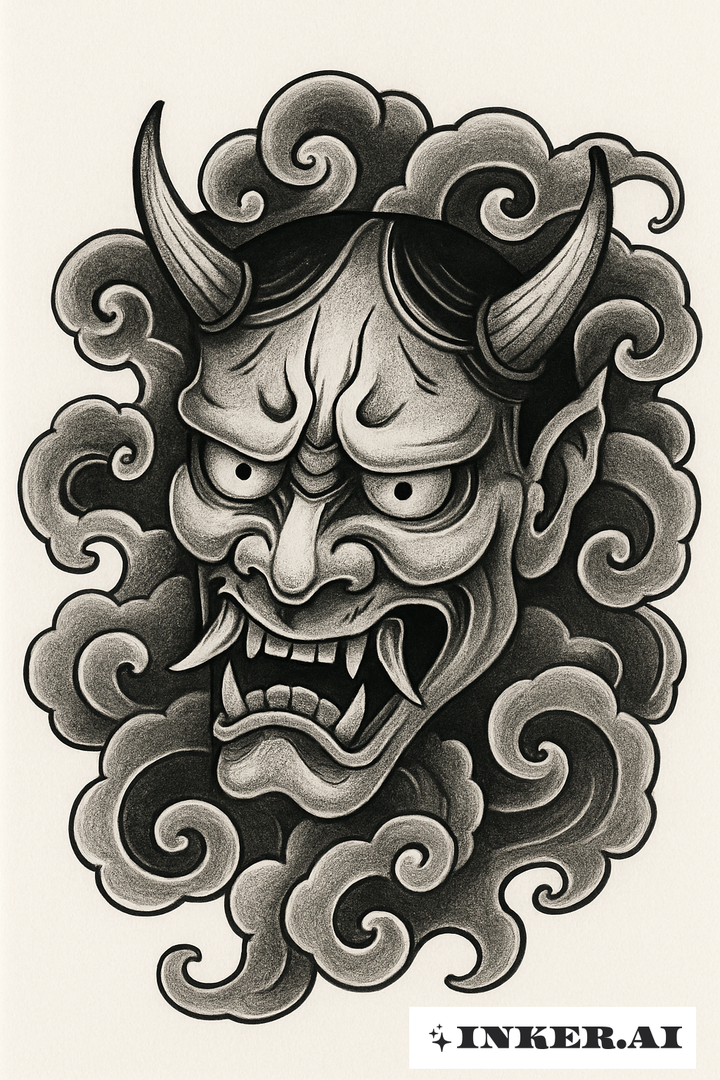 Oni Ghost Face Amidst Irezumi Clouds