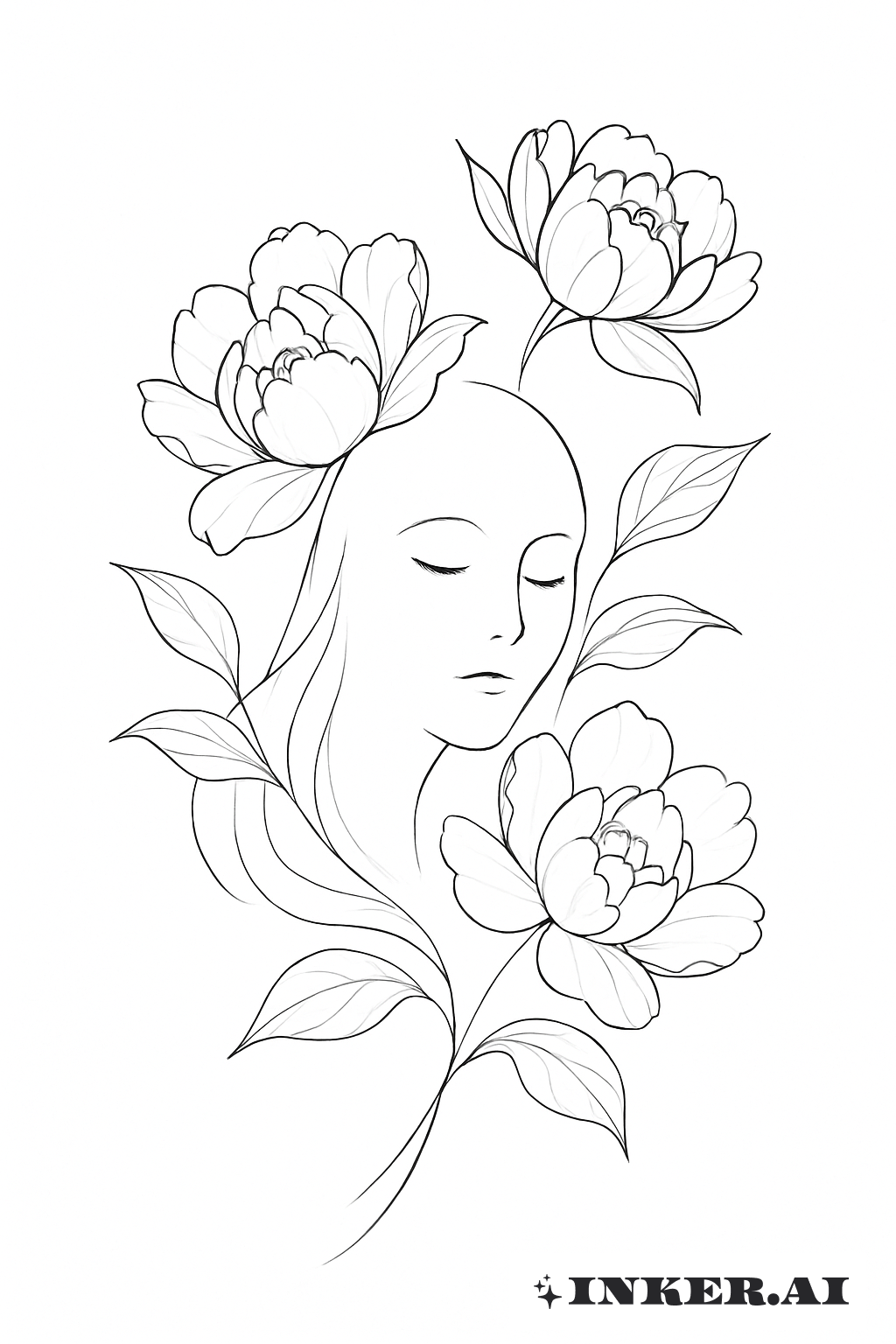 Fine Line Ghost Face And Peony Flowers