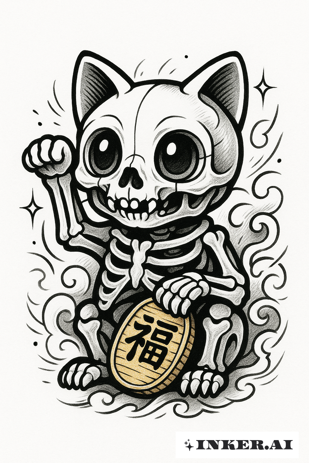 Lucky Cat Skeleton with Raised Paw