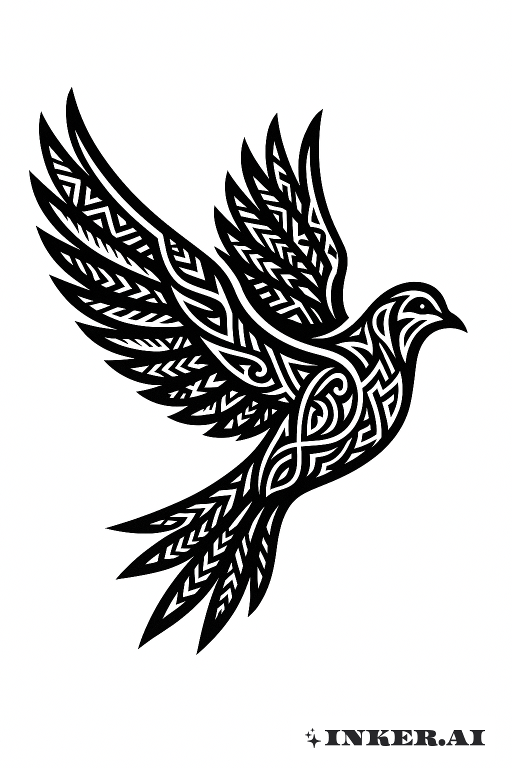 Colombe Volante à Motifs Tribaux en Blackwork