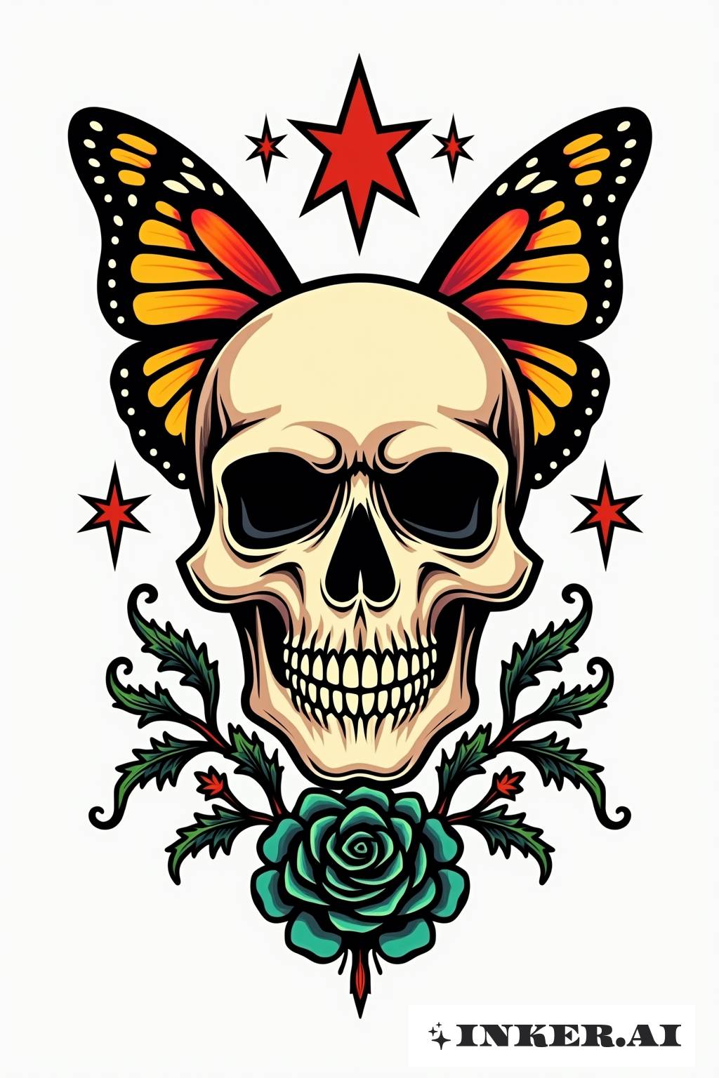 Un tatouage de fusion d'un crâne et d'un papillon, avec des couleurs vives et des lignes audacieuses.