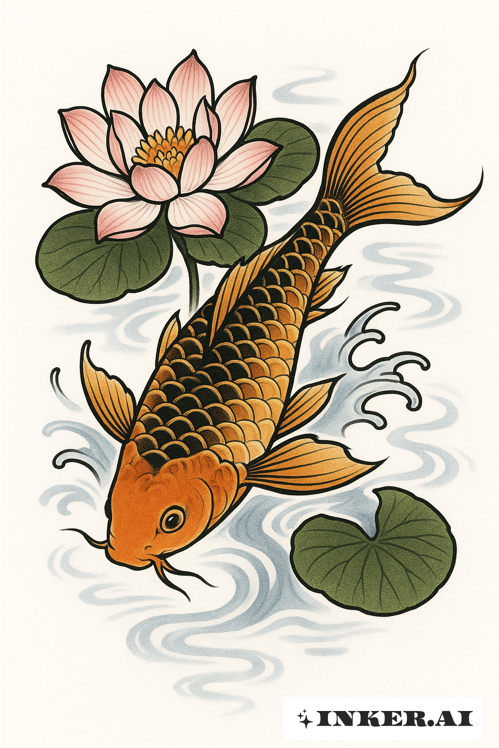 Japanese Water Lily And A Swimming Koi