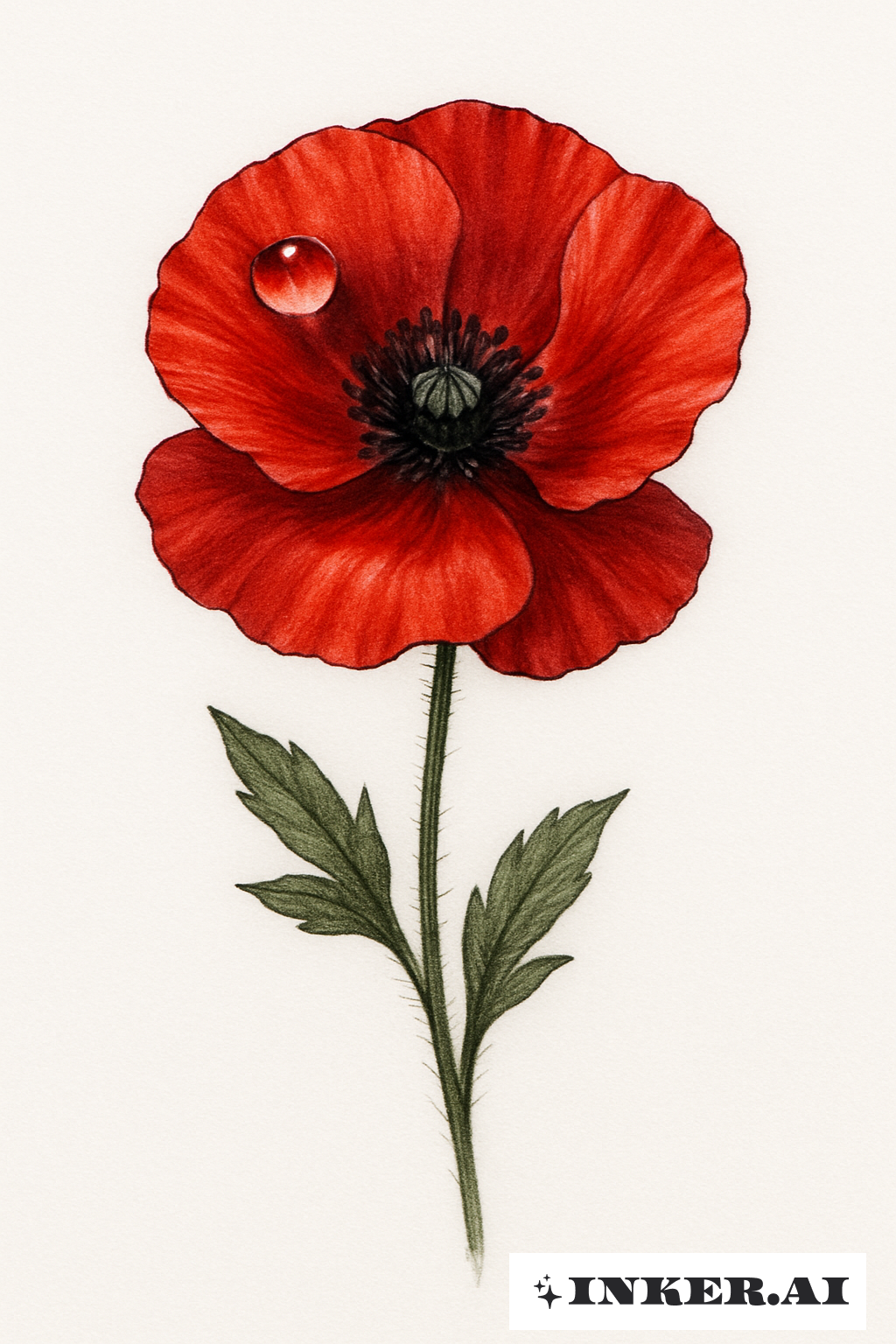 Hyperrealistische Mohnblume mit einem Tautropfen