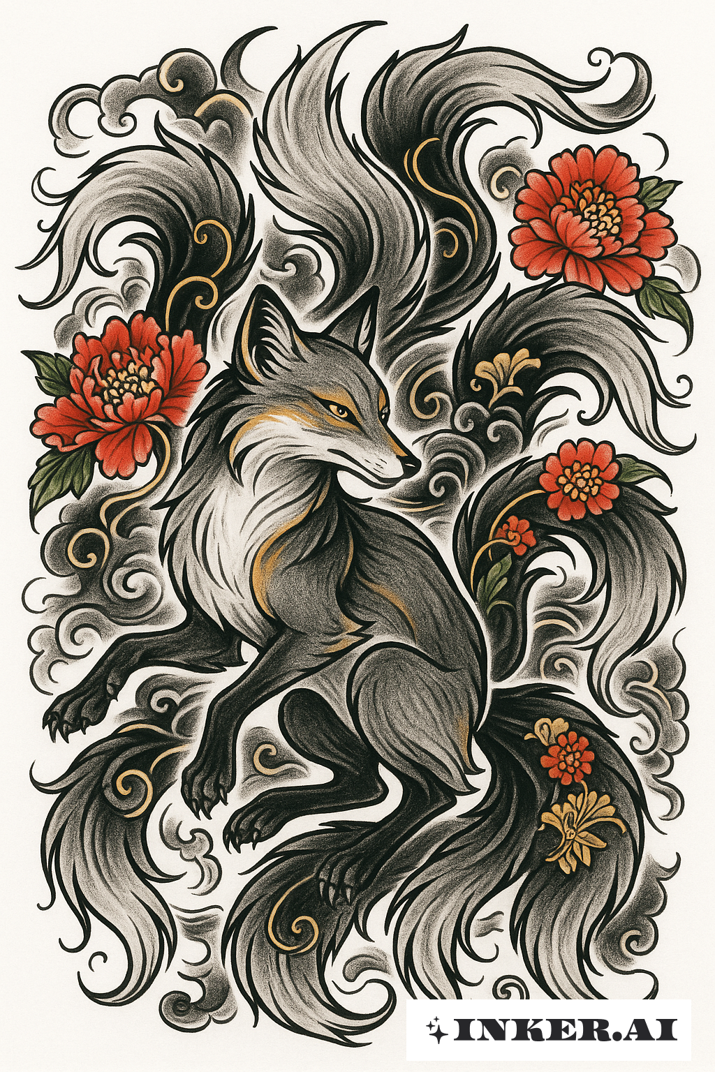 Un puissant renard Kitsune à neuf queues