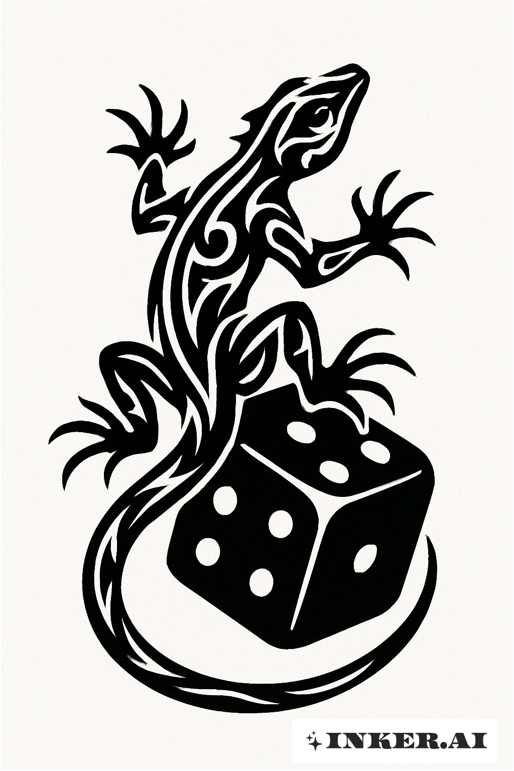 A Tribal Lizard Climbing a Solid Black Dice