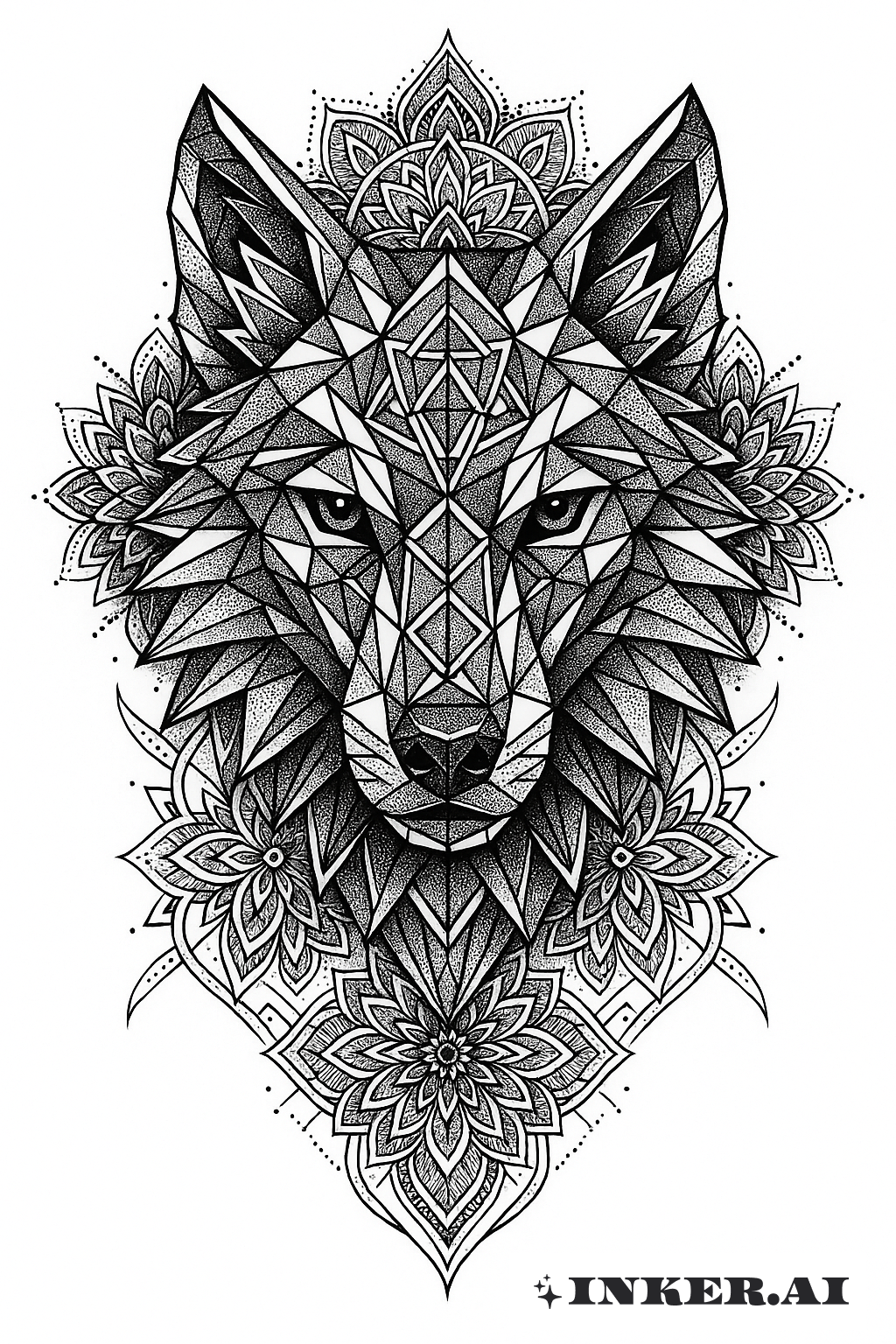Un diseño detallado de cabeza de lobo en estilo geométrico, rodeado de patrones intrincados de mandala.