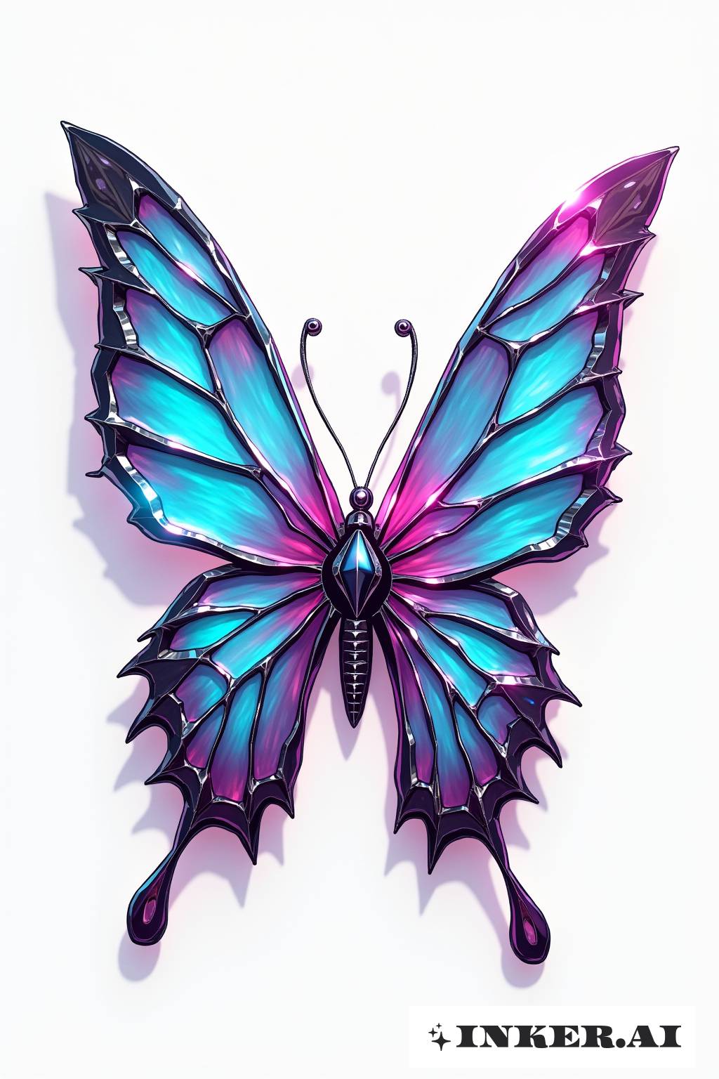 Un tatouage stylisé de papillon composé de fragments de miroir intriqués, créant un effet de réflexion captivant.