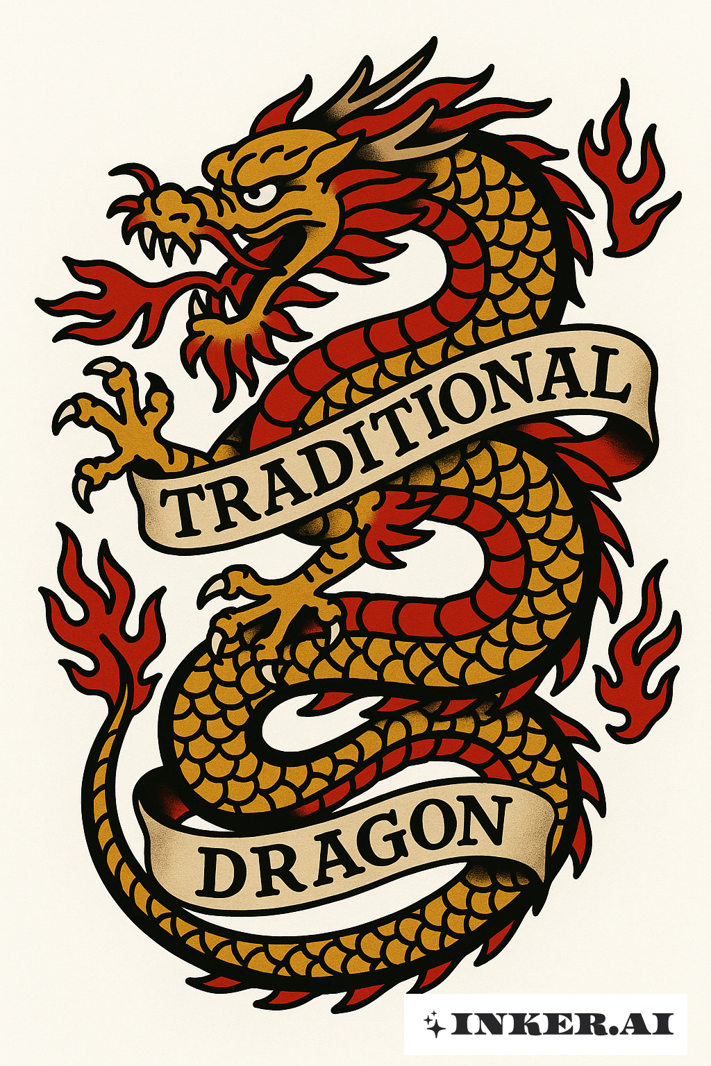 金色與紅色的日本龍與旗幟