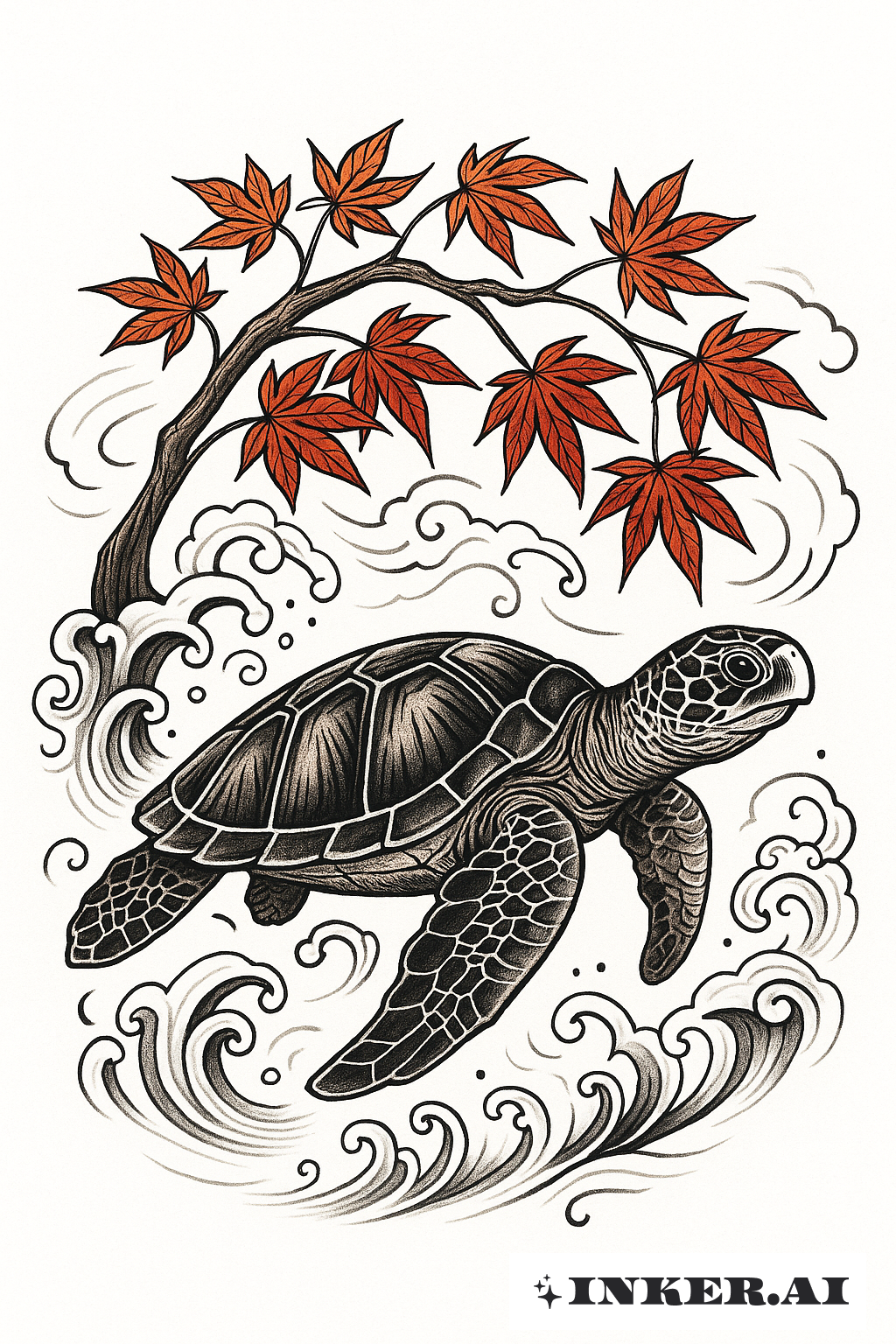 Sea Turtle Under a Japanese Maple Tree
