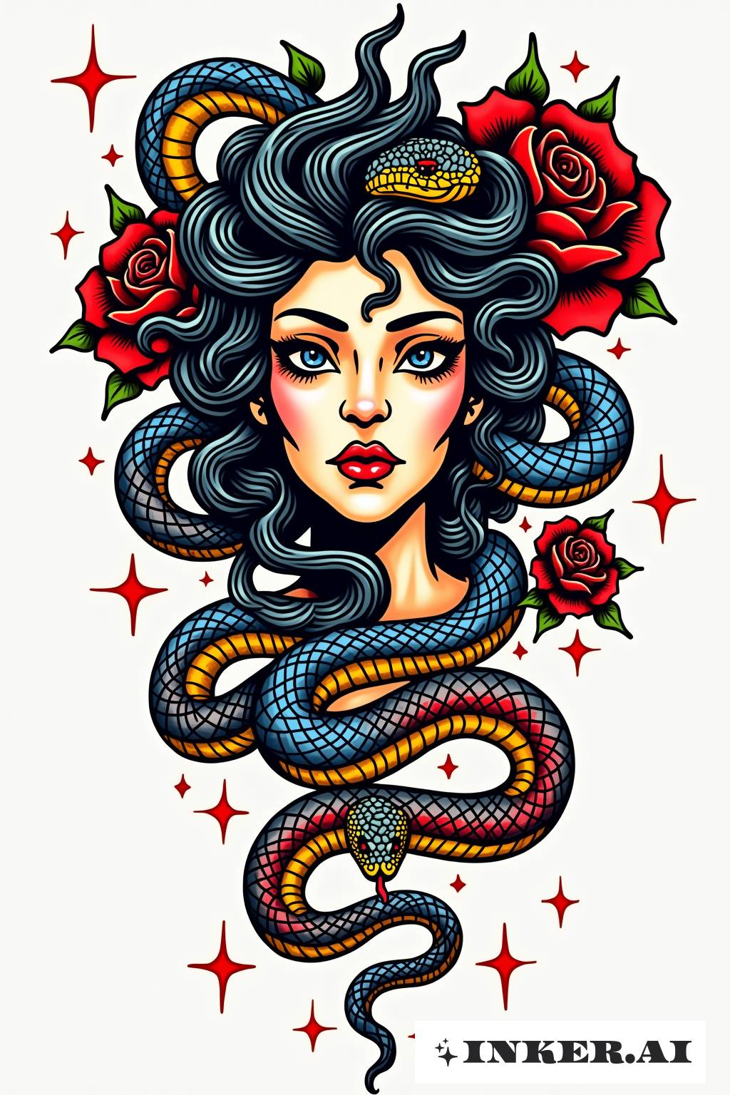 Un tatouage de Méduse avec une cascade de serpents dans une palette de couleurs vives, créant une image frappante.