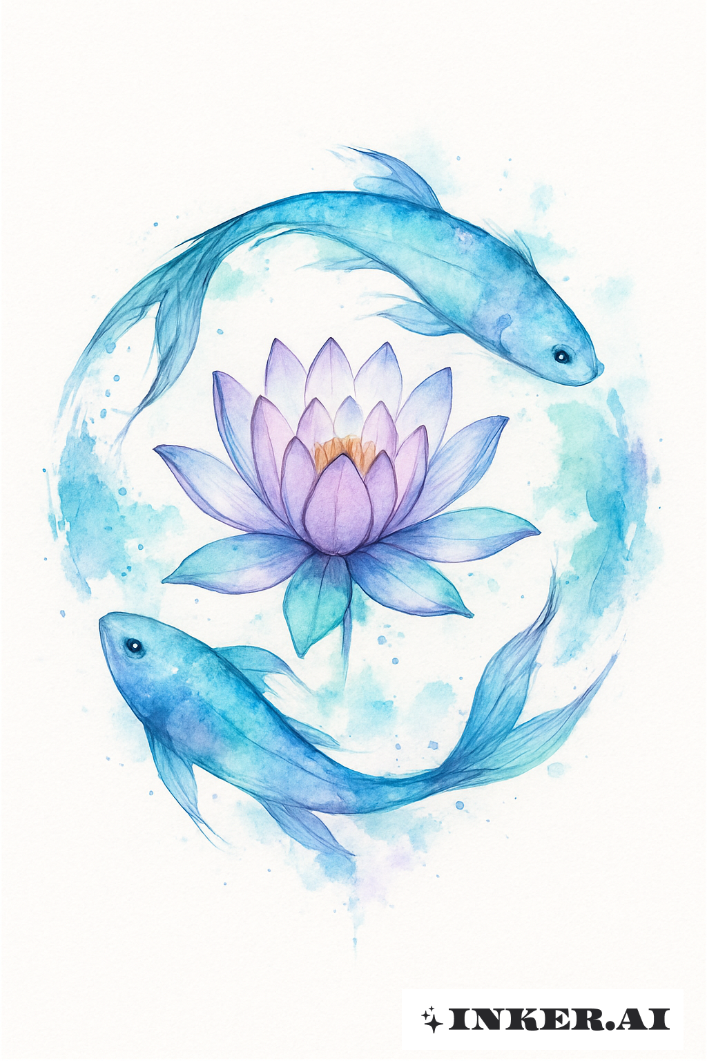 水彩畫中的荷花與雙魚圖案